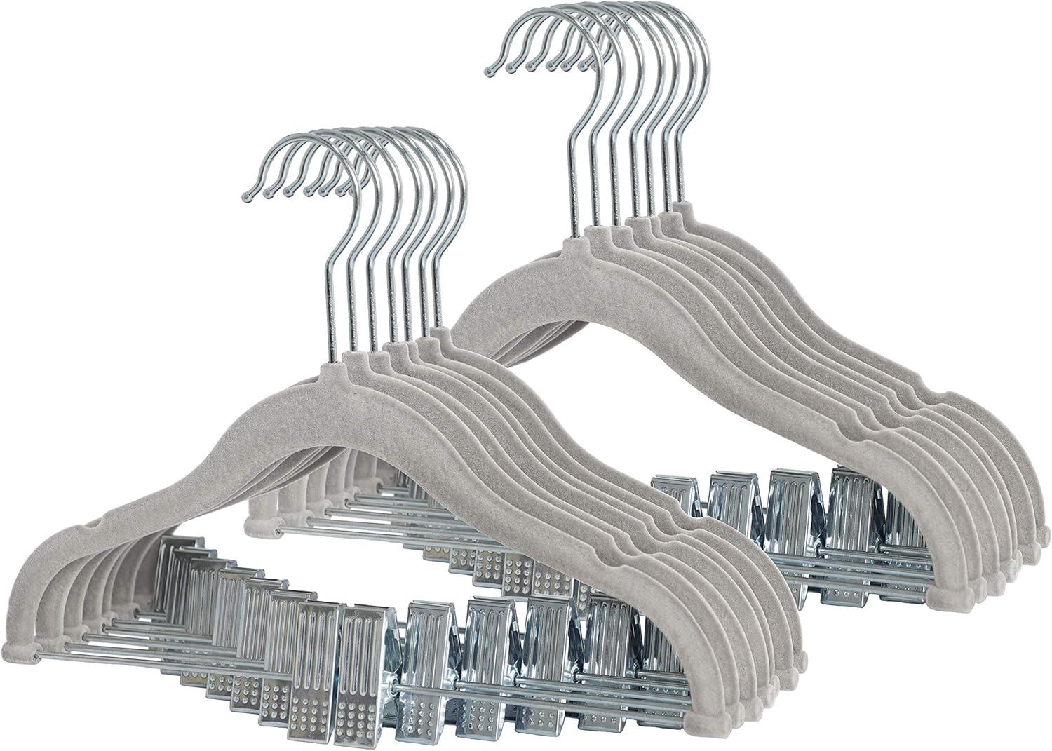 Gray Velvet Non-Slip Hangers with Movable Clips, 20-Pack