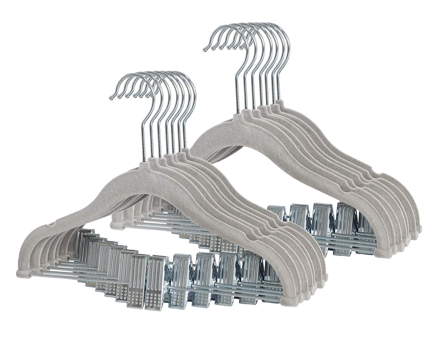 Non-Slip Clothes Hangers For Baby And Kids 20-Pack Velvet Hangers With Movable Clips, Heavy-Duty And Space-Saving For Pants,Skirts, Coat, Gray