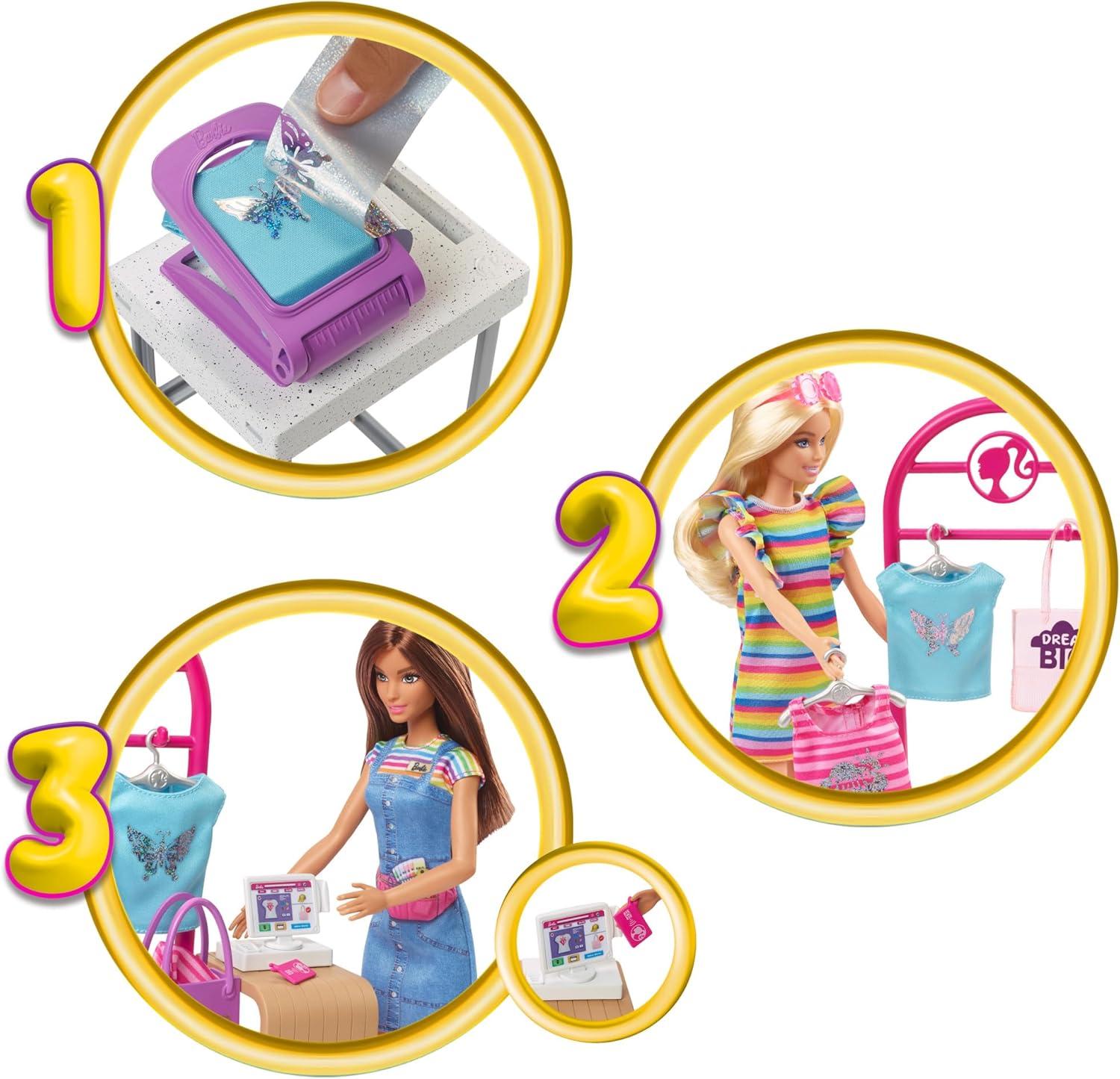 Barbie Make & Sell Boutique Playset with Brunette Doll, Foil Design Tools, Clothes & Accessories