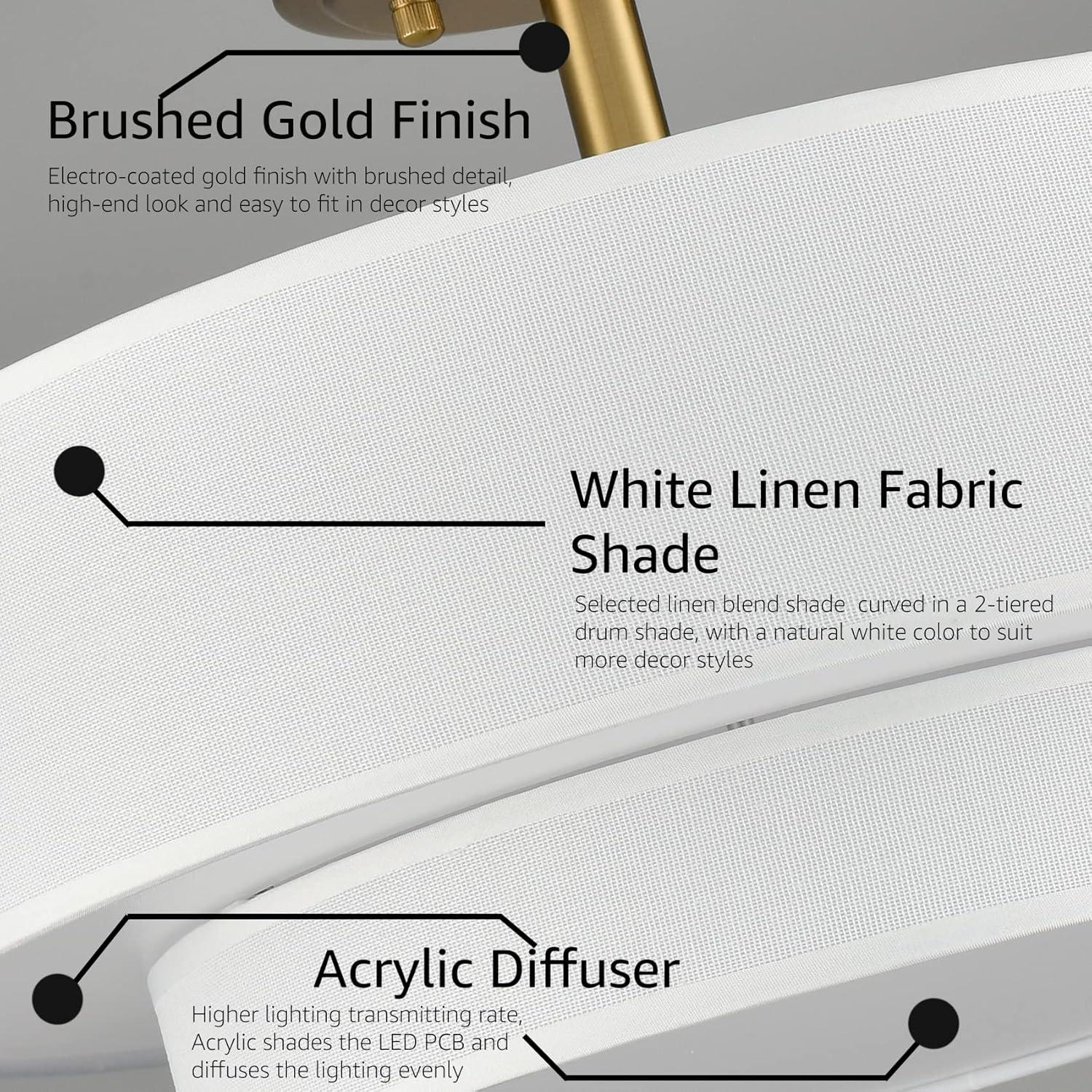 Claxy 15" Gold Semi Flush Mount LED Ceiling Light with Dual-Layer Drum Linen Shade