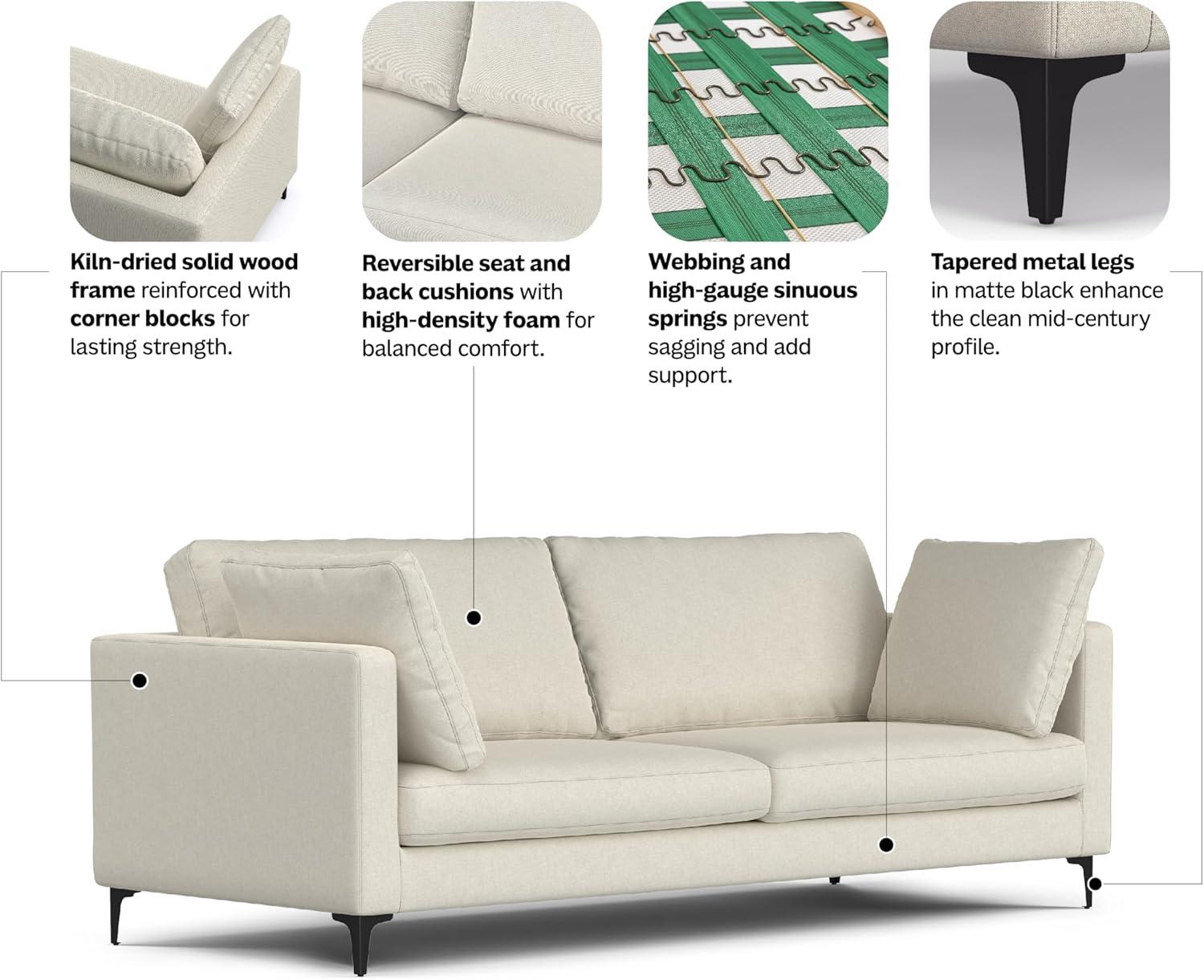 Simpli Home Ava 90-inch Mid Century Sofa, Large Performance Fabric Couch for Living Room, Water-Repellent, Stain-Resistant, Reversible Cushions