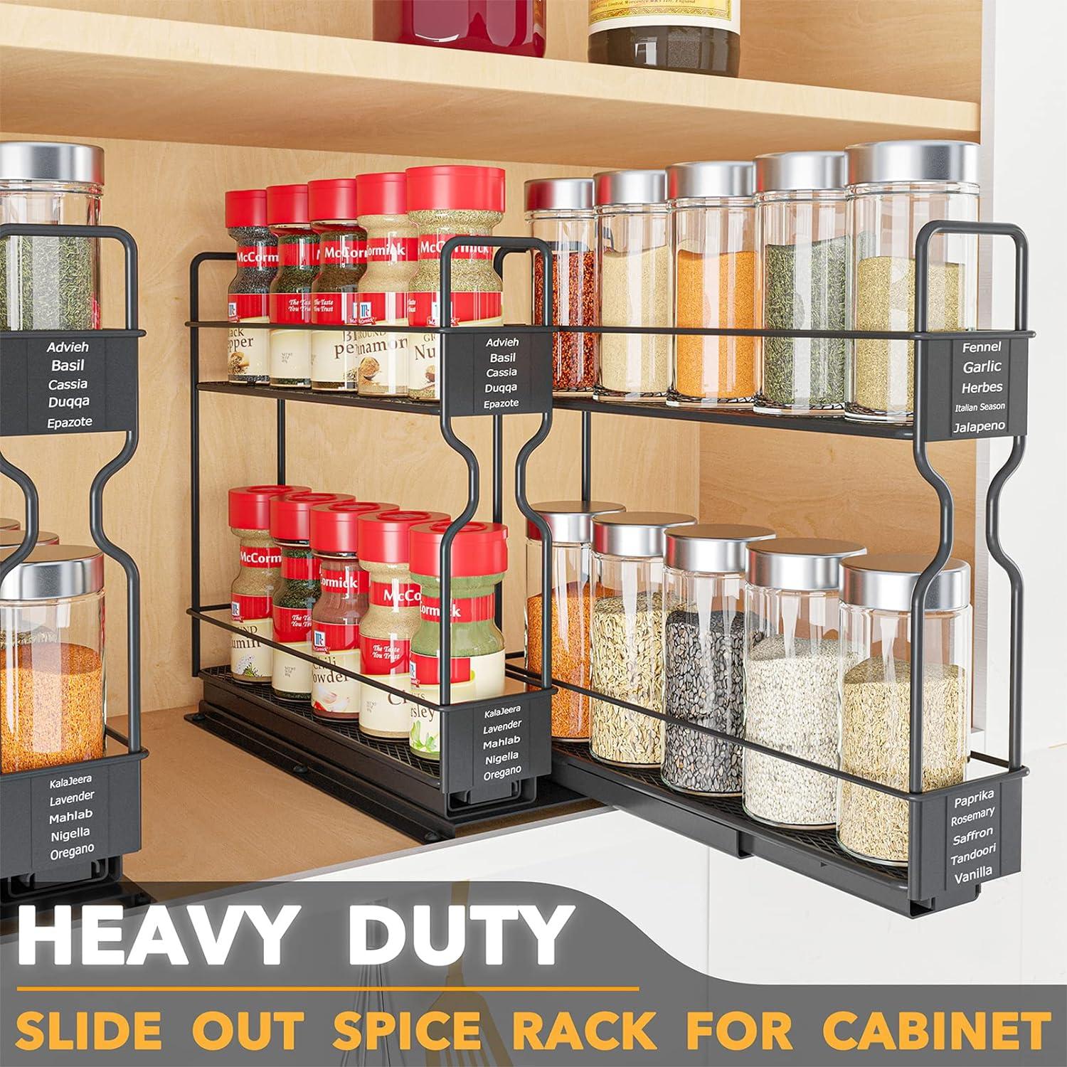 Pull Out Spice Rack Organizer for Cabinet - Heavy Duty Slide Out Kitchen Organizer with Labels, 5.2" W x 10.75" D x 10" H, 2 Drawers, 2-Tier