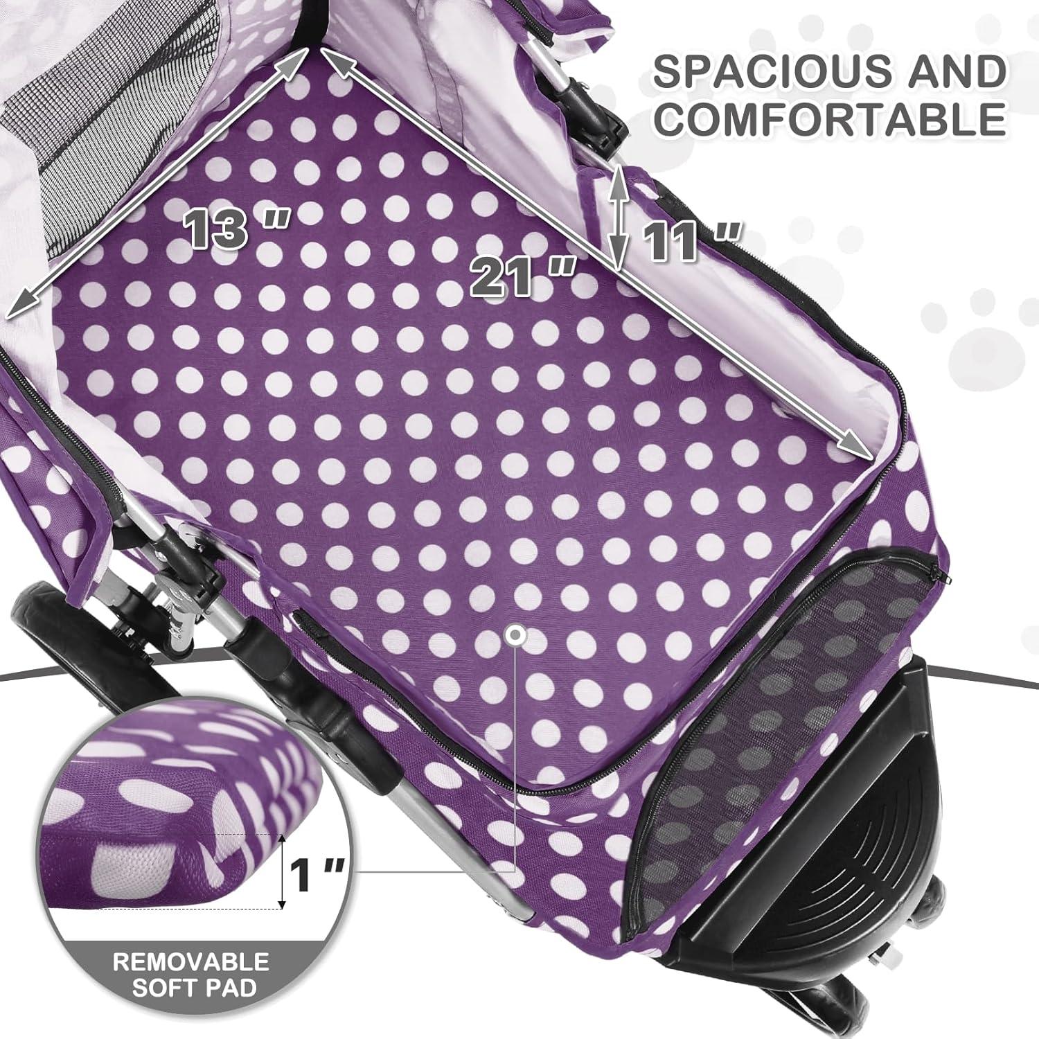 MoNiBloom 3 Wheel Folding Pet Dog Stroller, Foldable Lightweight Trolley with Storage Basket, Cup Holder and 360° Rotating Front Wheel for Small Medium Dogs, Purple with White Polka Dots