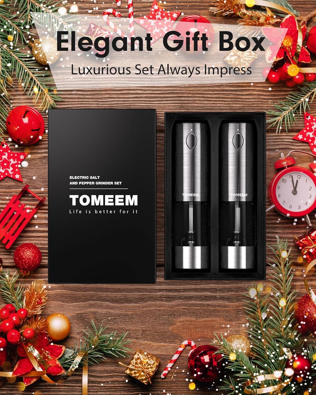 TOMEEM Electric Salt and Pepper Grinder Set Stainless Steel Automatic One Hand Operation Adjustable Coarseness Mill Grinders Shakers & LED Light Refillable