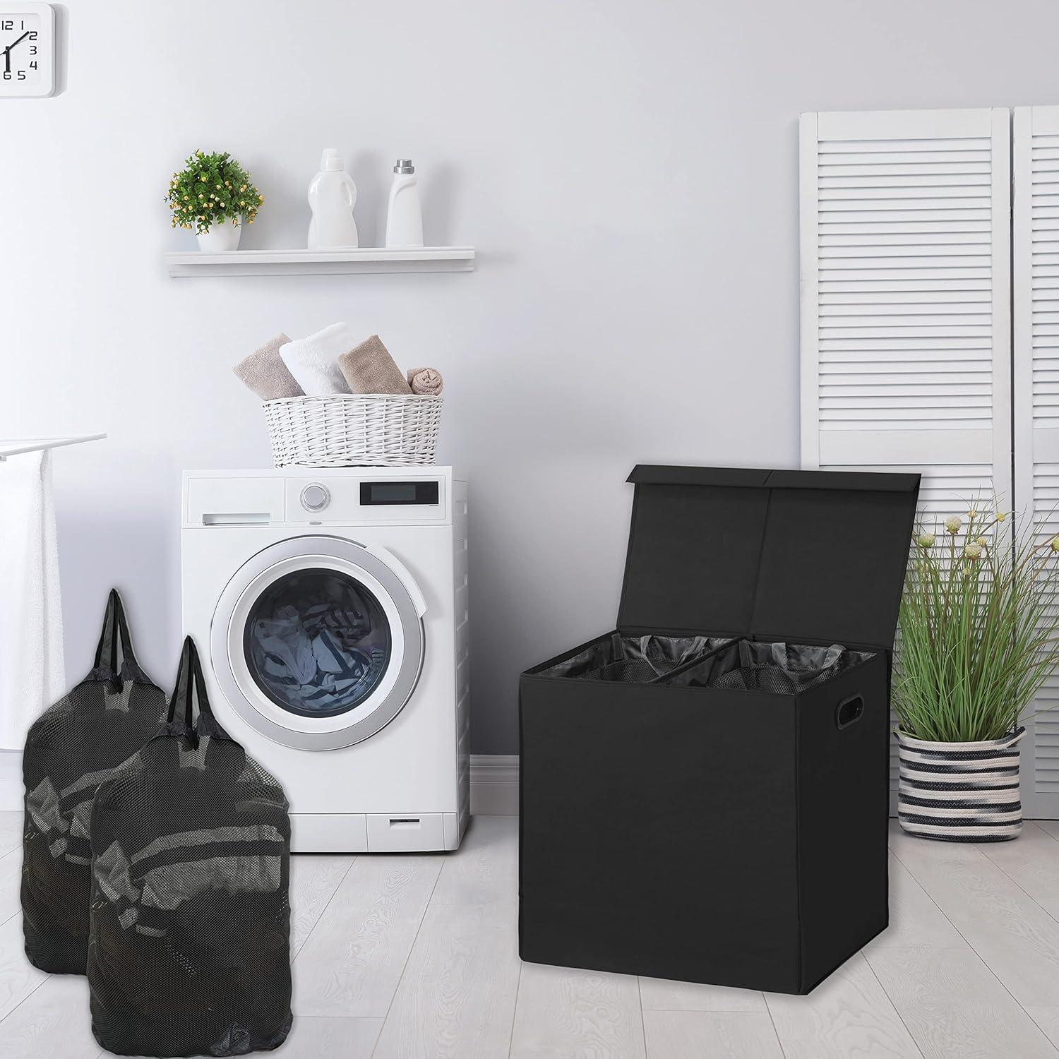 Black Collapsible Double Laundry Hamper with Lid and Bags