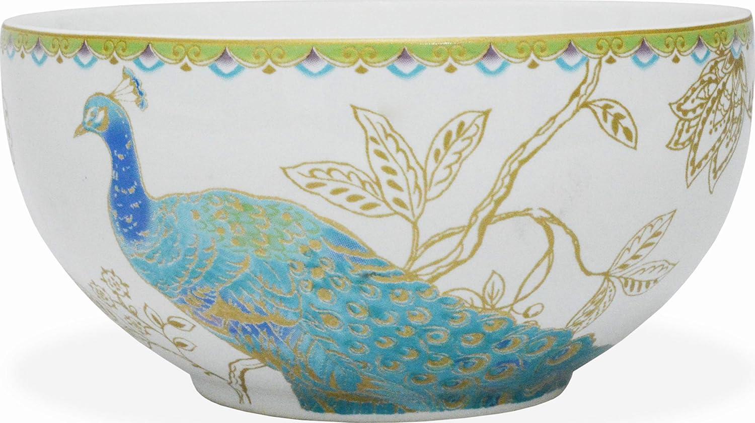 222 Fifth Peacock Garden Porcelain 16pc Dinnerware Set White: Round Dish Set, Service for 4, Bird Pattern, Dishwasher-Safe