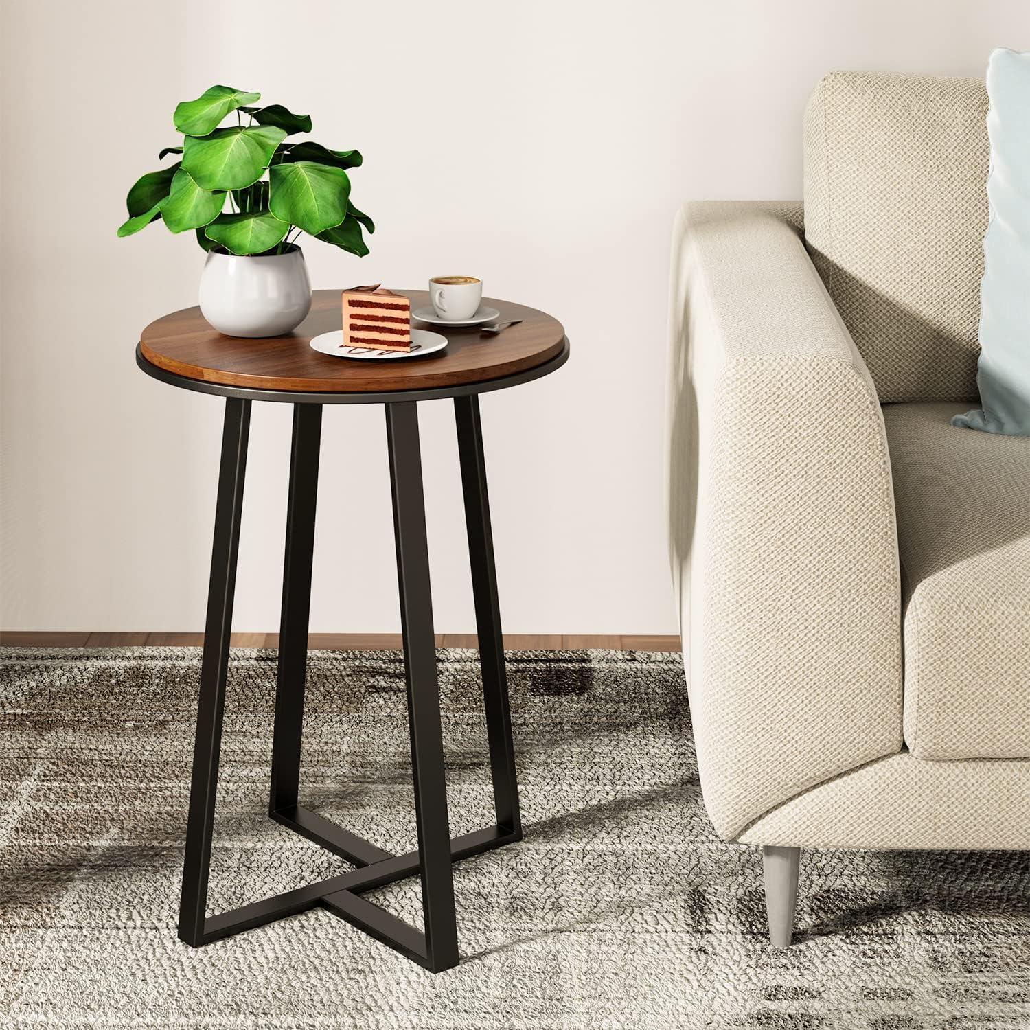 Walnut and Black Round Metal Frame Side Table