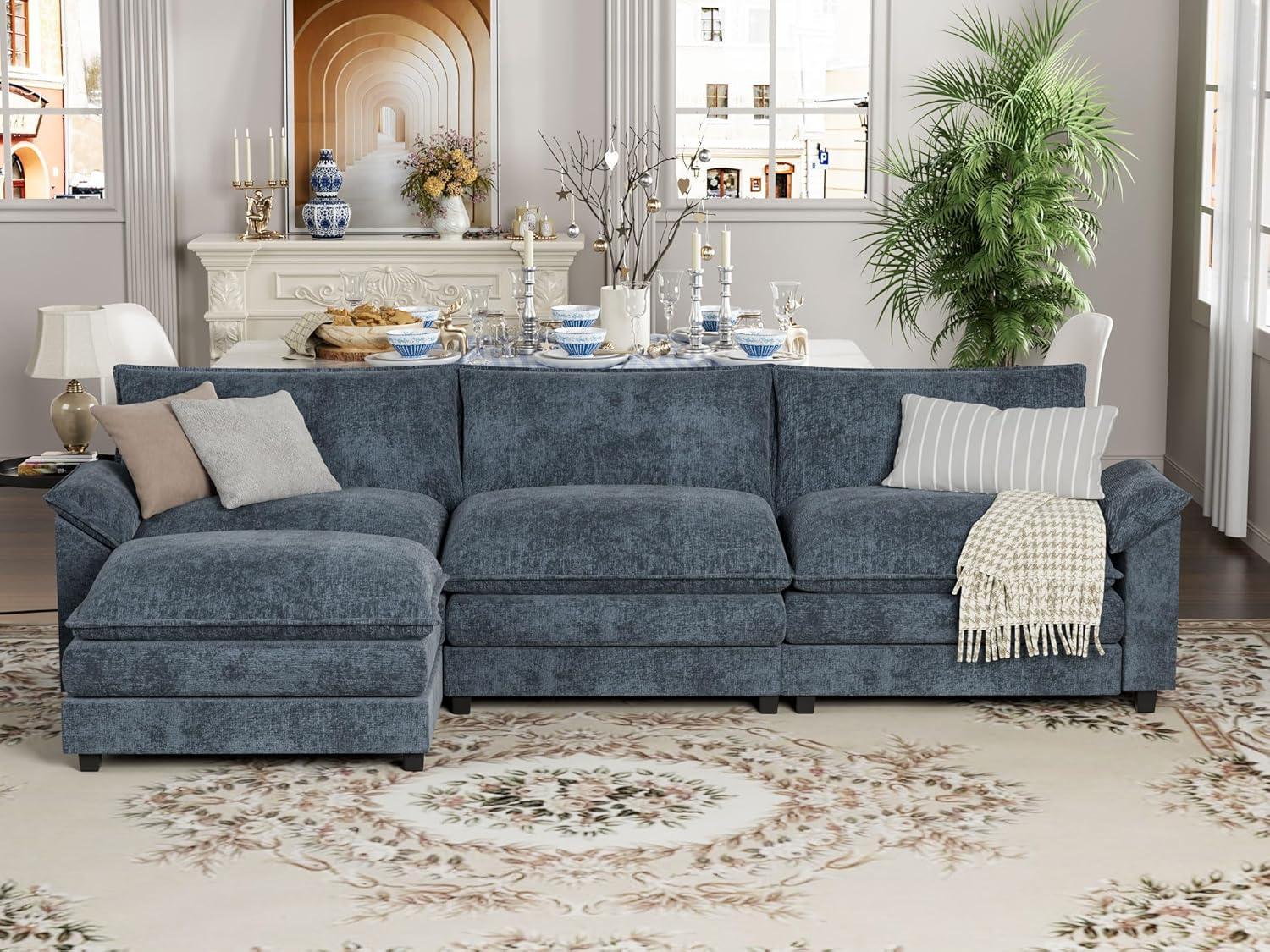 Blue Chenille Fabric L-Shaped Sectional Sofa with Ottoman