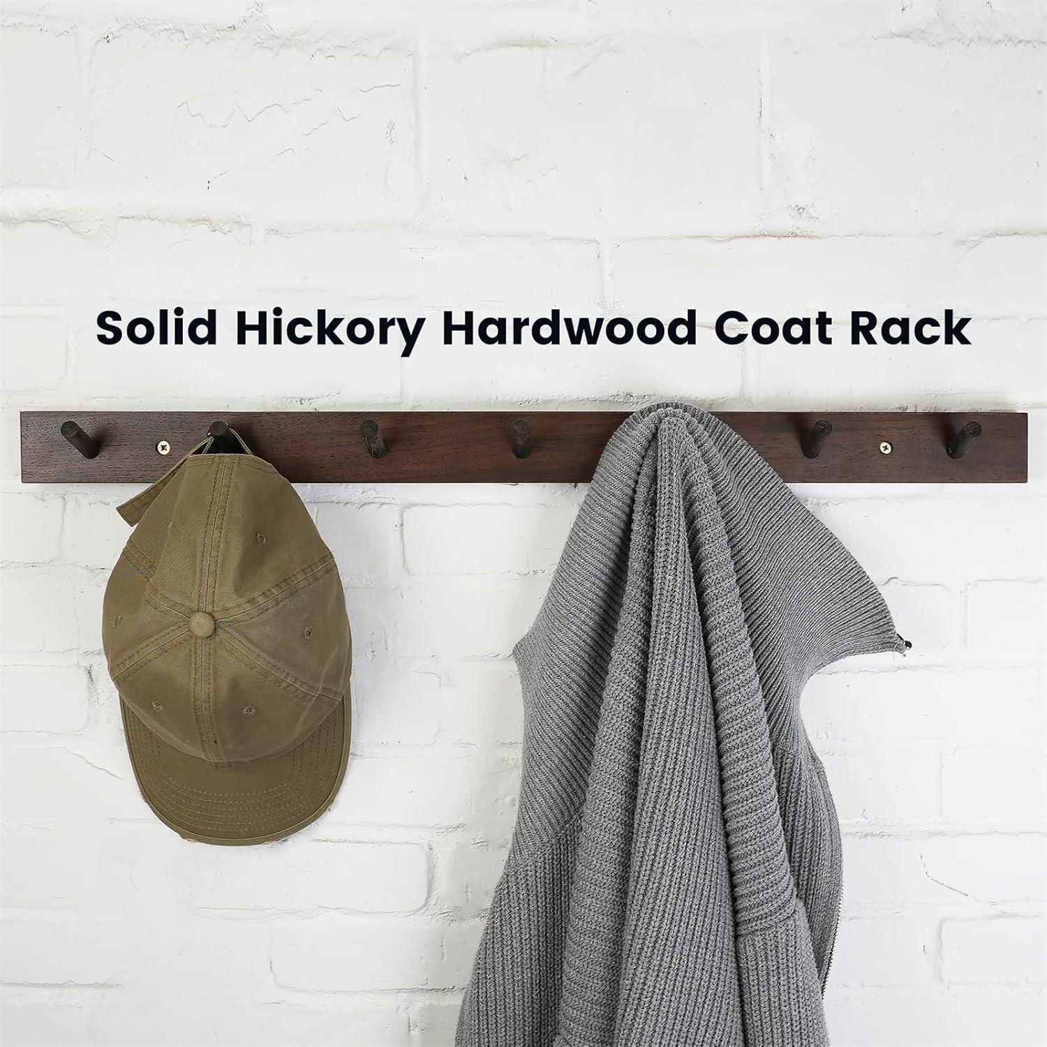 CONSDAN Coat Rack Wall Mount, USA Grown Hickory Coat Hooks with 6 Hooks, Wooden Coat Hanger Wall Mount for Hanging Coats, Jacket, Clothes, Hat, Dark Walnut