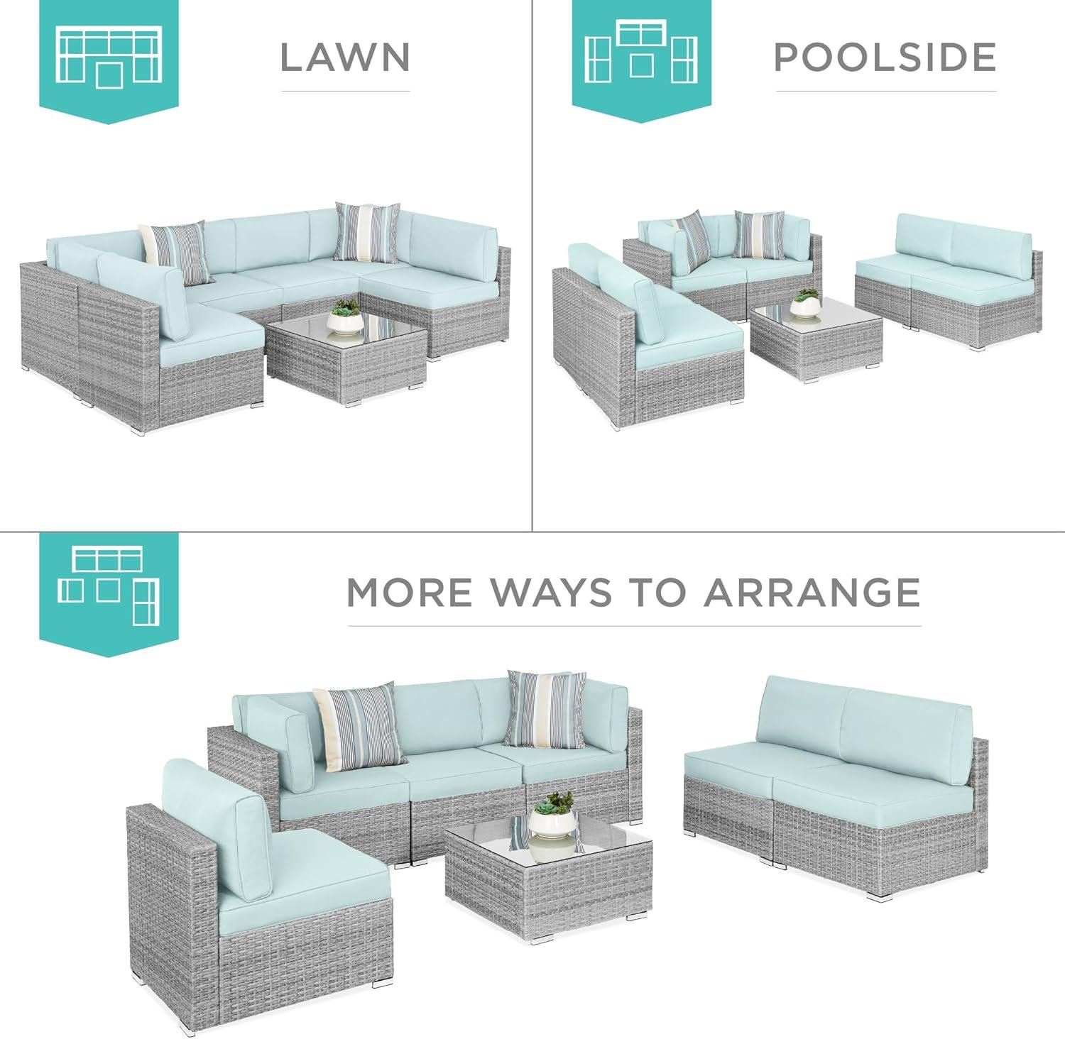 Best Choice Products 7-Piece Outdoor Modular Patio Conversation Furniture, Wicker Sectional Set - Gray/Pastel Blue