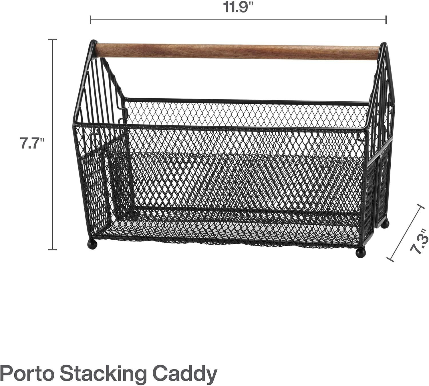 Black Carbon Steel and Acacia Wood Stacking Basket