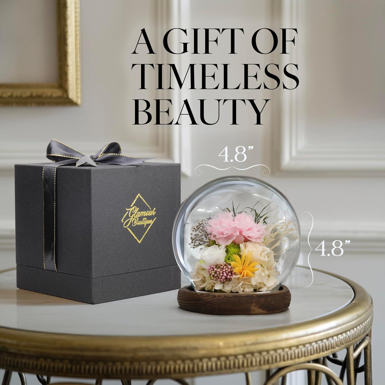 Preserved Flowers Rose in Glass Dome w/Light - Long Lasting Flowers, Flower Gifts for Women for Any Occasion - Home Decor, Comes w/Thick Gift Box - Glass Rose Flowers - White/Pink