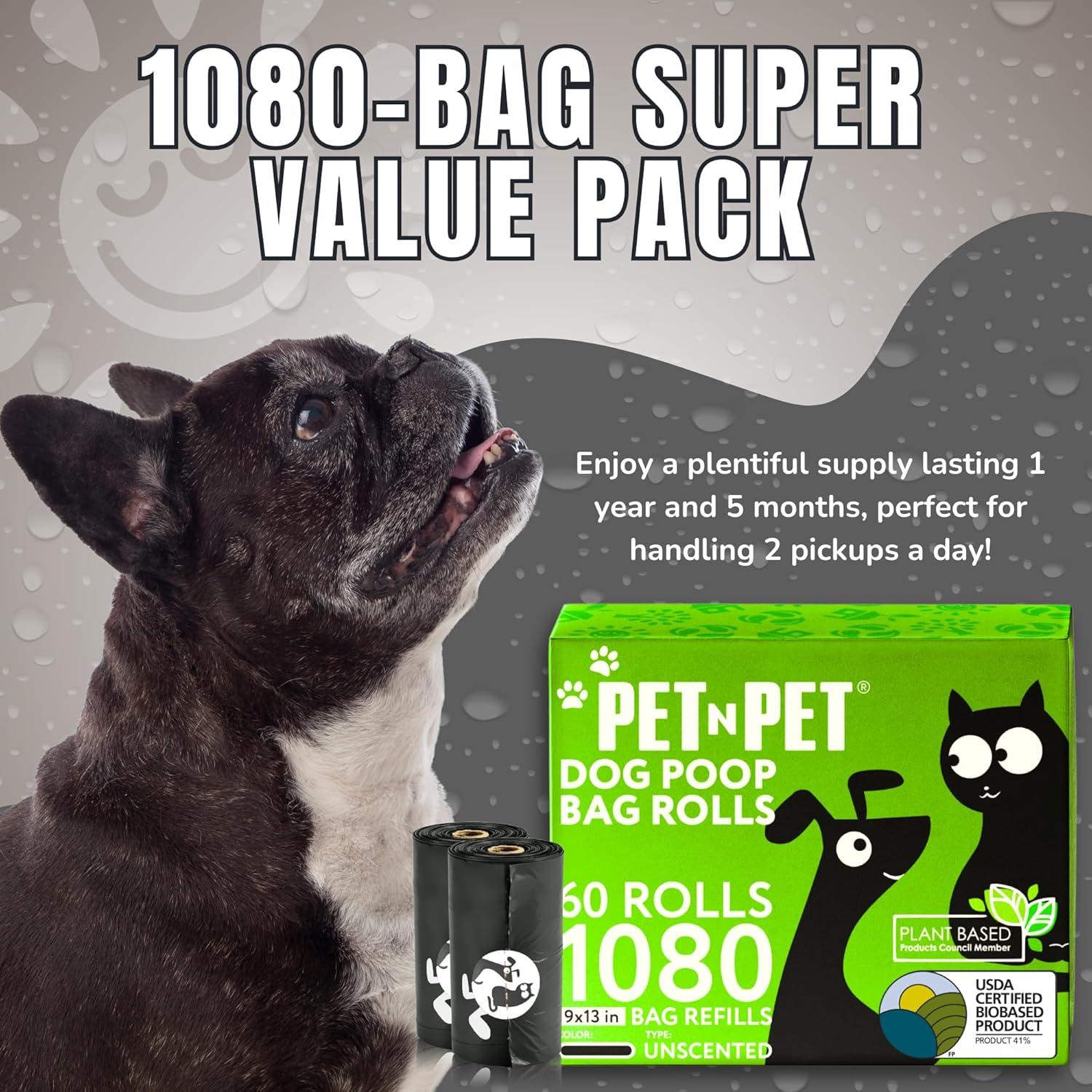 Pet N Pet 1080 Counts Black Poop Bags for Dogs, 38% Plant Based & 62% PE Extra Thick Dog Poop Bags Rolls, 9" x 13", Unscented Pet Waste Bag