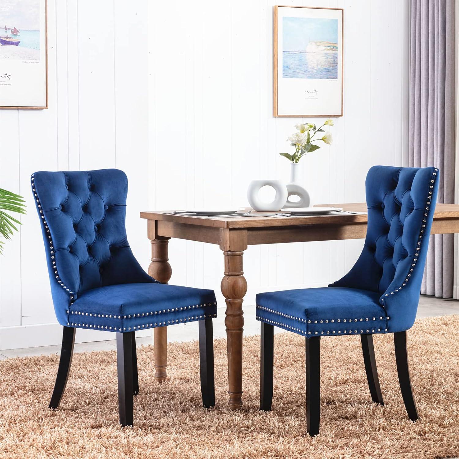 Tzicr Tufted Dining Chairs Set of 6, Upholstered Dining Chairs with Nailhead Back, Nailhead Trim, Velvet Dining Chairs for Kitchen/Bedroom/Dining Room(Blue)
