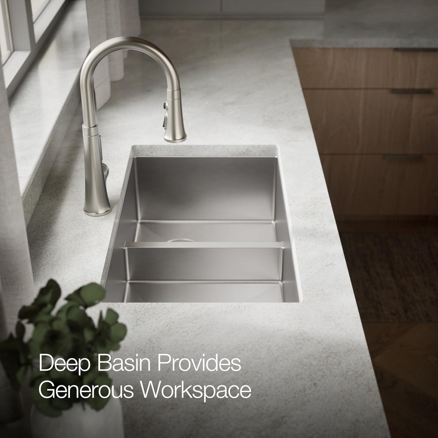 Strive 32" L x 18-5/16" W x 9-5/16" Smart Divide Under-Mount Large/Medium Double-Bowl Kitchen Sink with Basin Rack