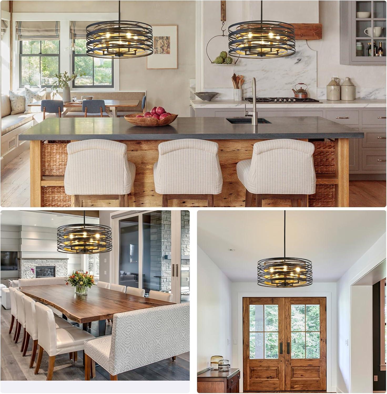 Dining Room Lighting Fixture, 5-Light Farmhouse Black Chandelier Drum Light, Round Metal with Retro Wood Texture Interior, E12 Bulbs Not Included
