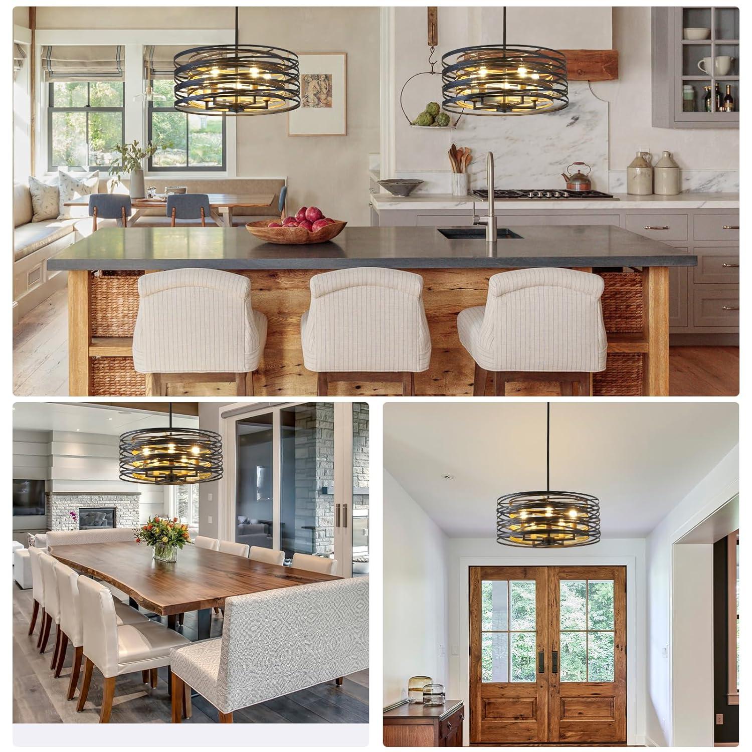 Dining Room Lighting Fixture, 5-Light Farmhouse Black Chandelier Drum Light, Round Metal with Retro Wood Texture Interior, E12 Bulbs Not Included