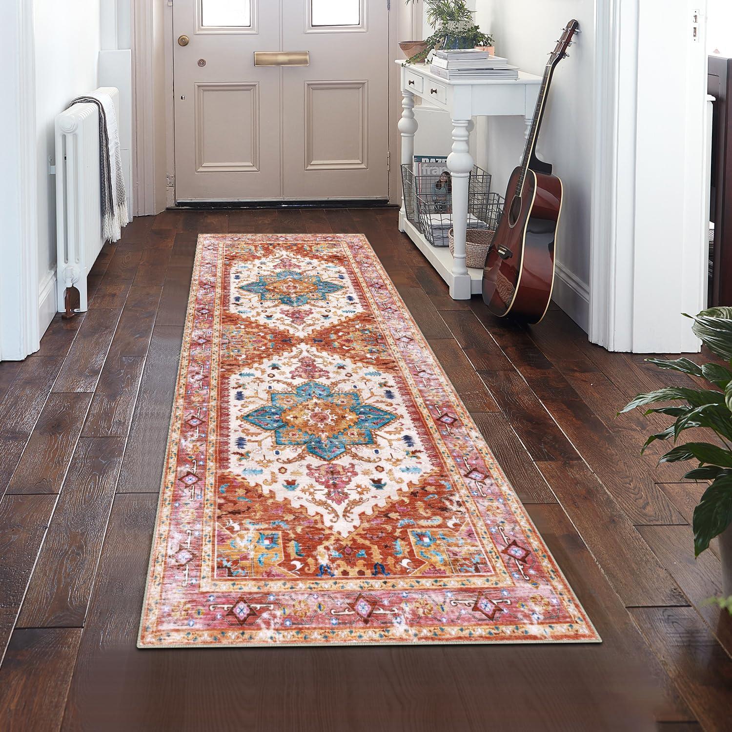 Blue and Pink Medallion Low Pile Washable Runner Rug