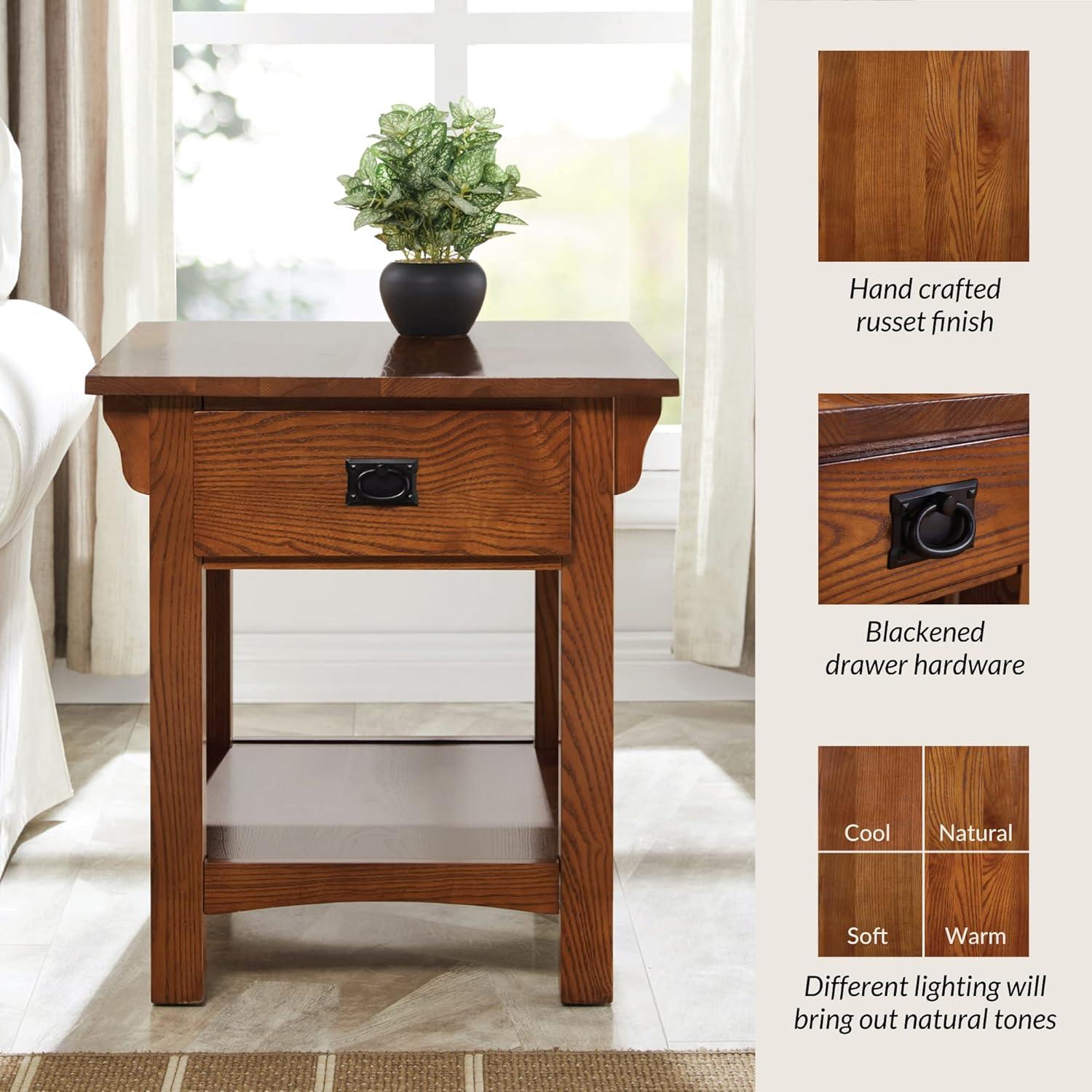 Medium Oak Wood Rectangular End Table with Storage