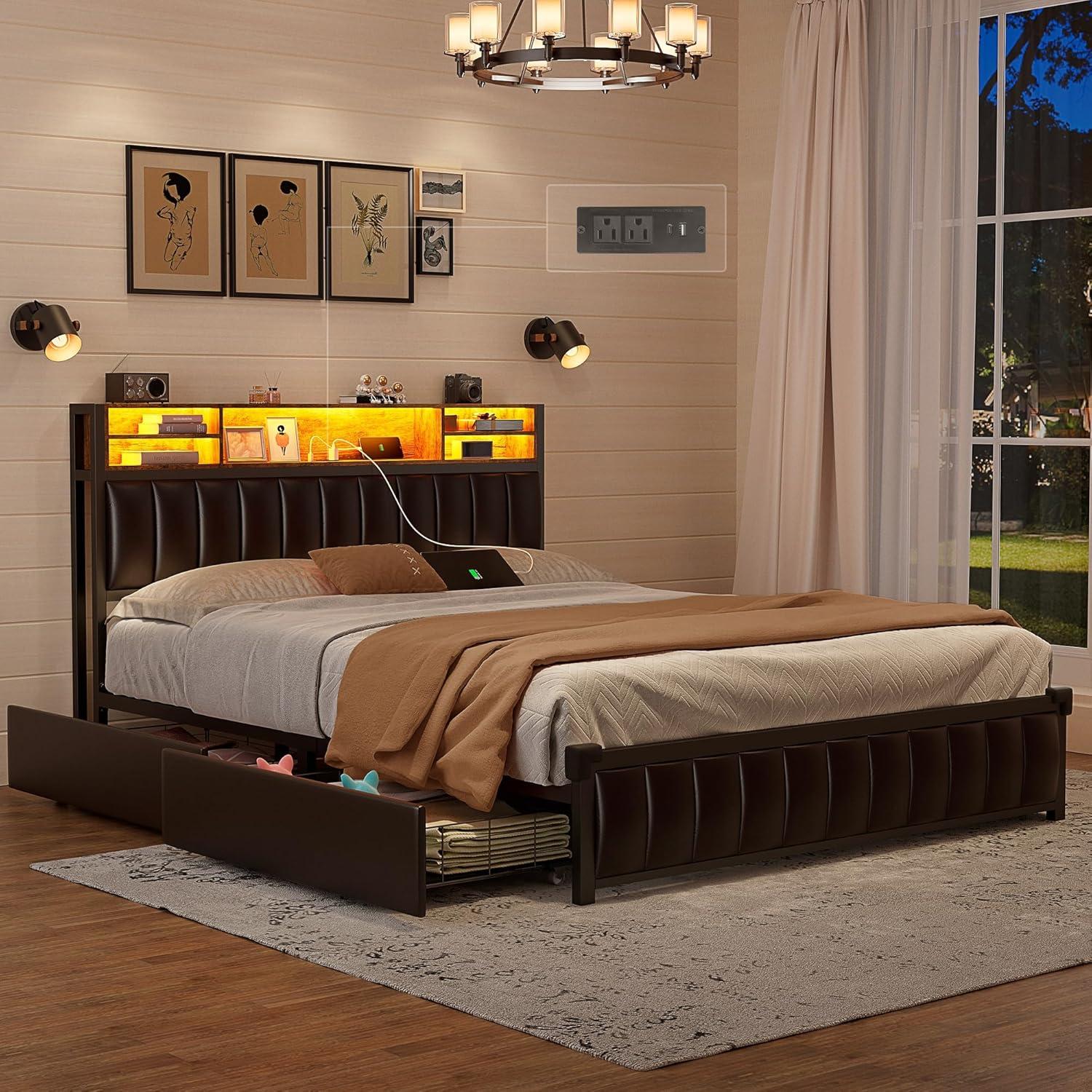 Kanchi Upholstered Metal Platform LED Bed Frame with 4 Storage Drawers and Bookcase Headboard, Black