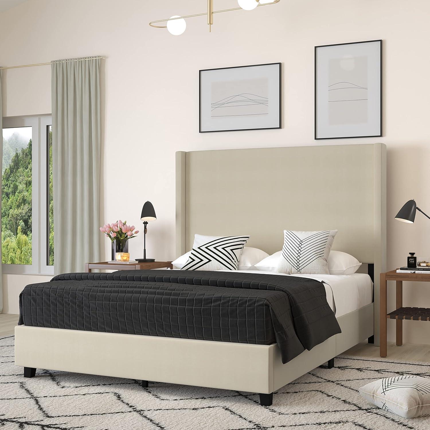 Beige Linen Upholstered Queen Platform Bed with Wingback Headboard