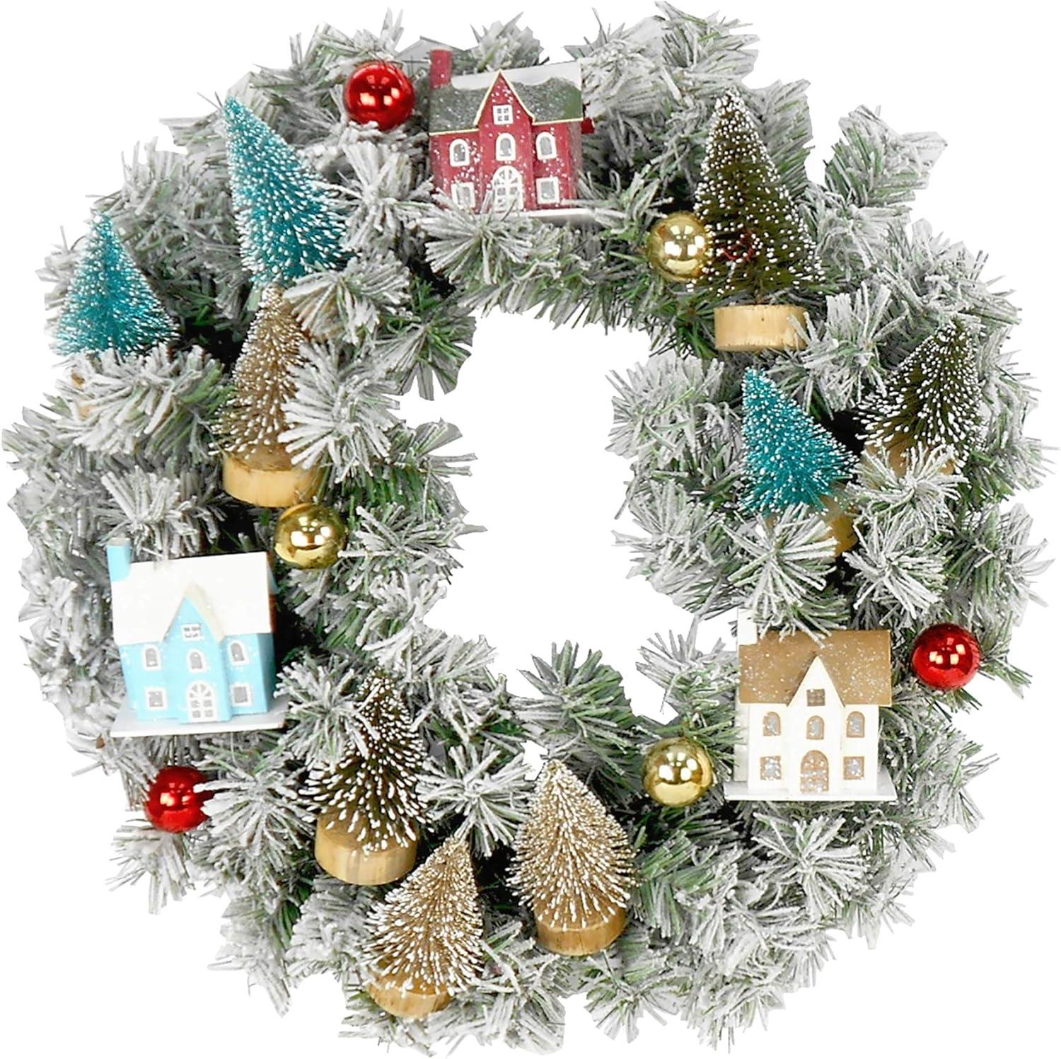 24-Inch Snowy Pine Christmas Wreath with Ornaments and Houses