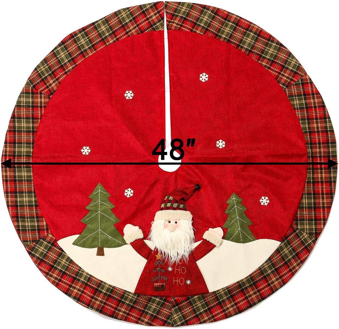 48" Red Burlap Christmas Tree Skirt with Santa and Plaid Edges