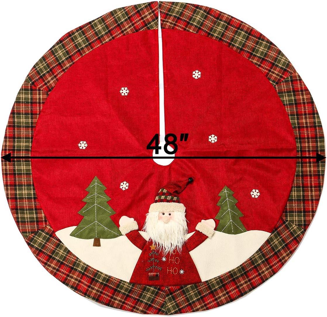 Sunnyglade 48" Christmas Tree Skirt Double-Layer Design Santa Pattern Burlap Christmas Tree Skirt with Buffalo Plaid Edges for Xmas Holiday Decorations (Plaid)