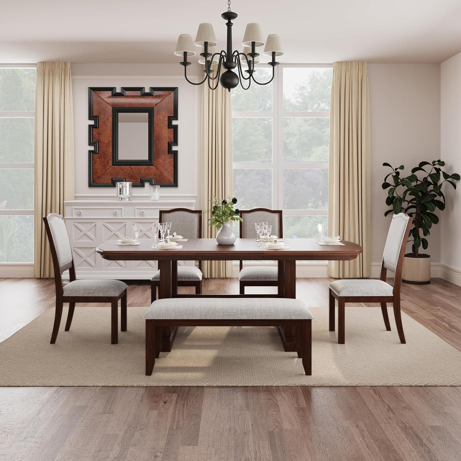 Cherry Wood Extendable Dining Table Set with Linen Upholstered Chairs and Bench