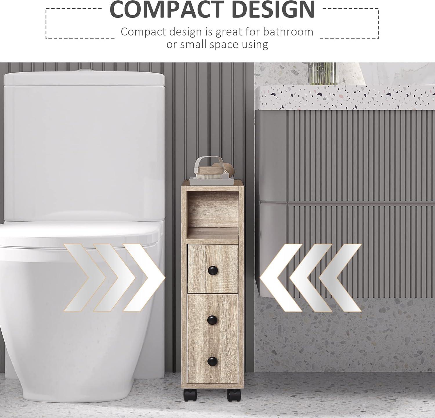 kleankin Freestanding Compact Design Bathroom Cabinet with 2 Open Cabinets, 1 Door Cabinet, 1 Drawer and 4 Rolling Wheels, Oak Grain Color