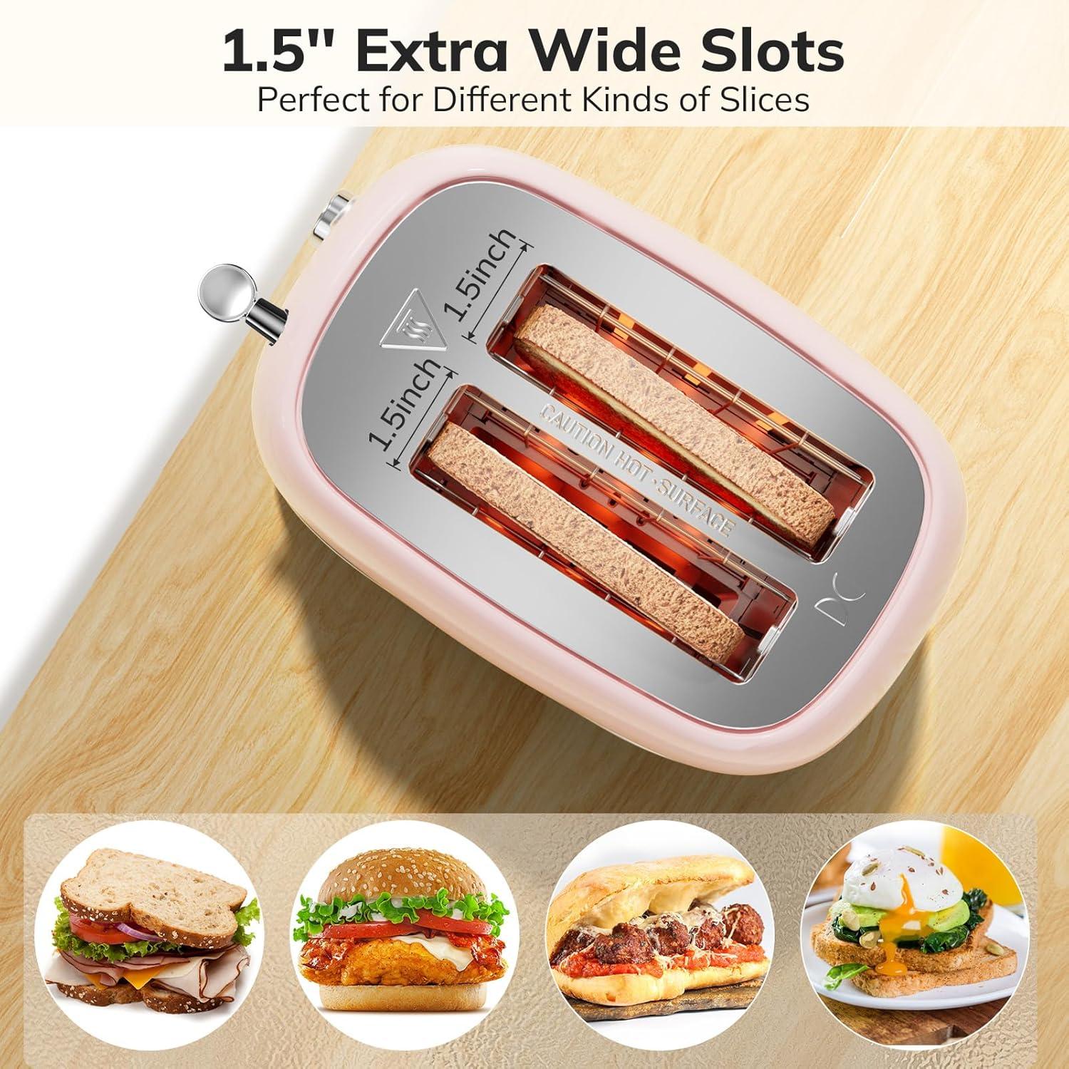 2 Slice Toaster Retro Stainless Steel Toaster with Bagel, Cancel, Defrost Function and 6 Bread Shade Settings Bread Toaster, Extra Wide Slot and Removable Crumb Tray (Pink)