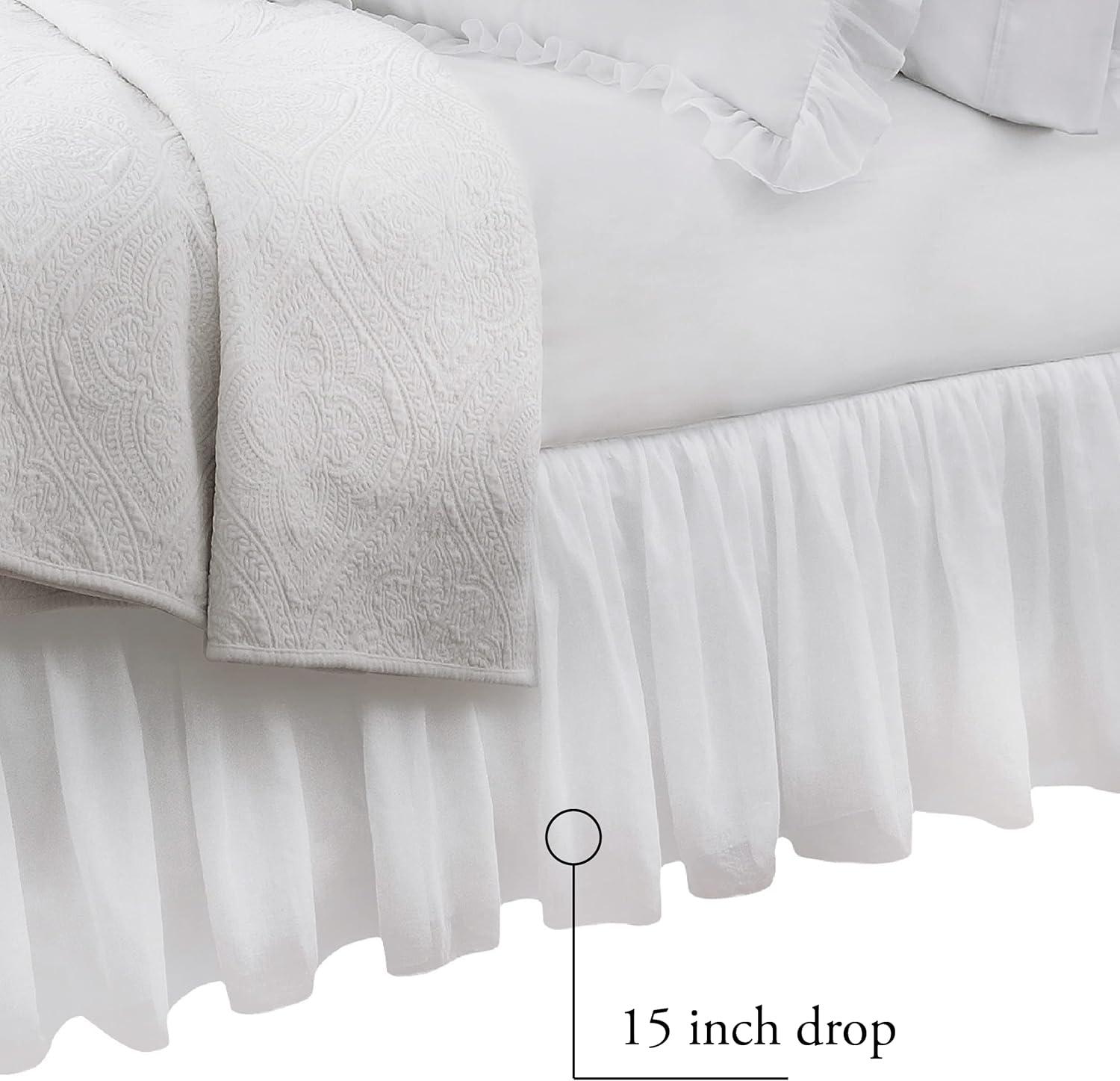 Belles & Whistles Double Voile Ruffled Bed Skirt Dust Ruffle, Cotton Layered, 15" Drop Length, Queen, White