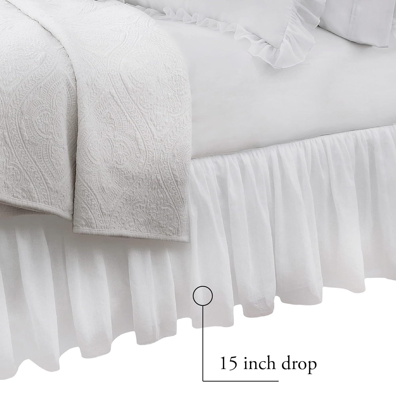 Belles & Whistles Double Voile Ruffled Bed Skirt Dust Ruffle, Cotton Layered, 15" Drop Length, King, White