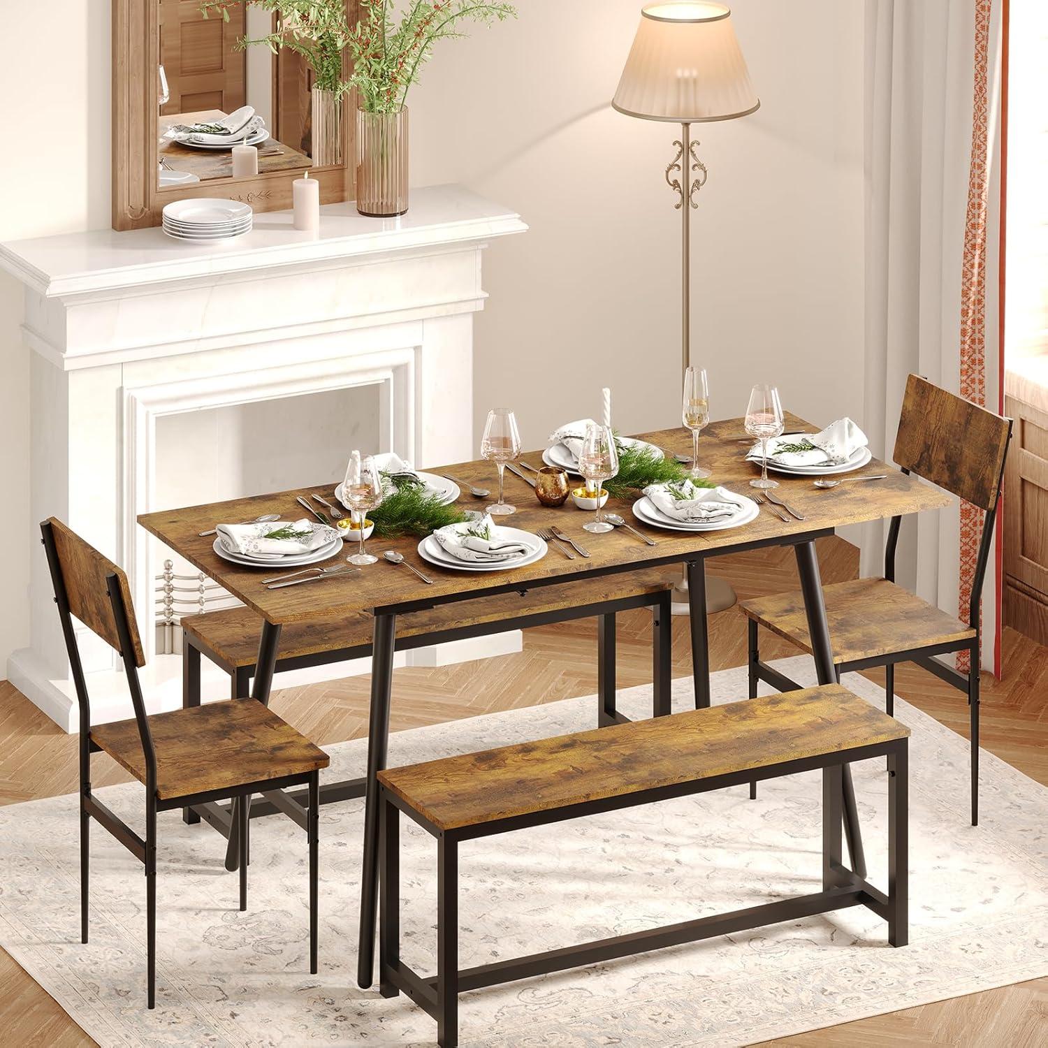 Rustic Brown 63" Extendable Dining Table Set with 2 Chairs and 2 Benches