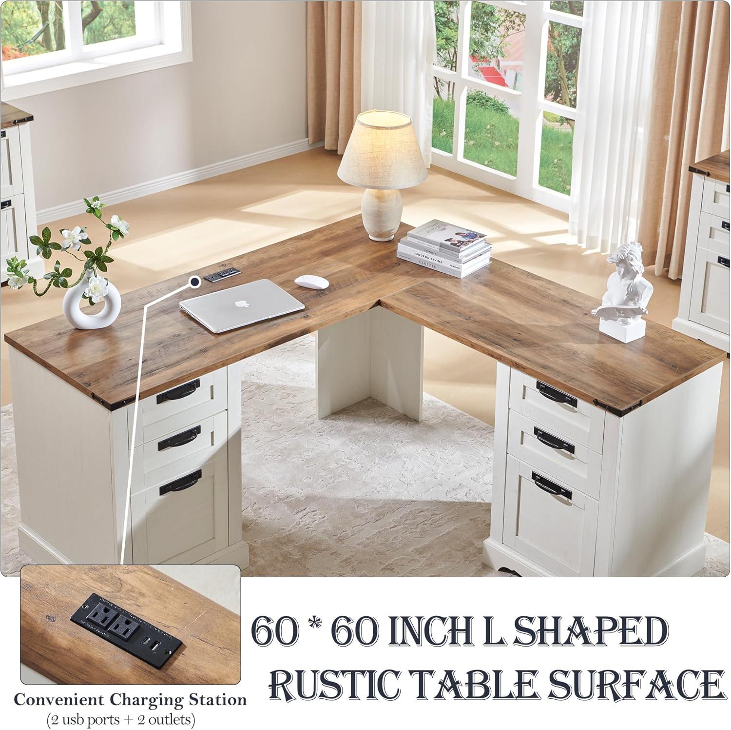 Danolapsi 60" Farmhouse L Shaped Executive Desk with Drawers,Home Office Desk with File Drawers and Storage Cabinet,Corner Computer Desk with Adjustable Side Storage Cabinet,Computer Writing Desk