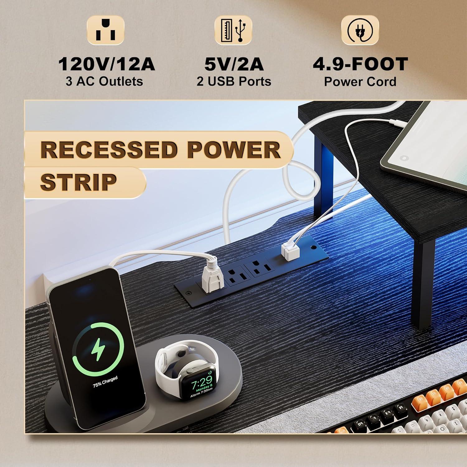 Computer Desk with 3 File Cabinet Drawers, 57.8'' Reversible Gaming Desk with LED Lights and Power Outlets, Office Desk with Storage Shelves and Dual Monitor Stand for Home & Office (Black)