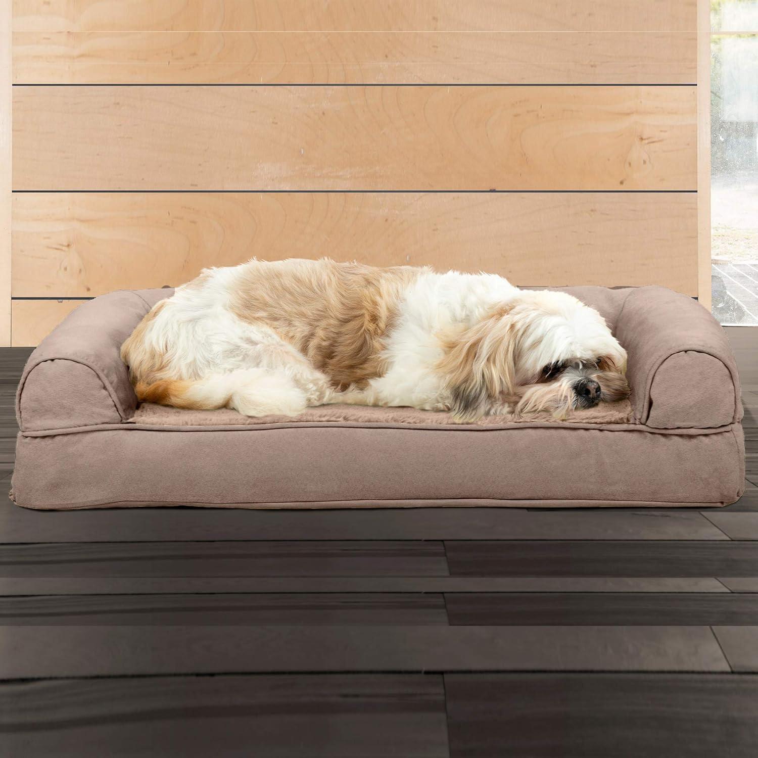 FurHaven Plush & Suede Cooling Gel Sofa Dog Bed - Medium, Almondine