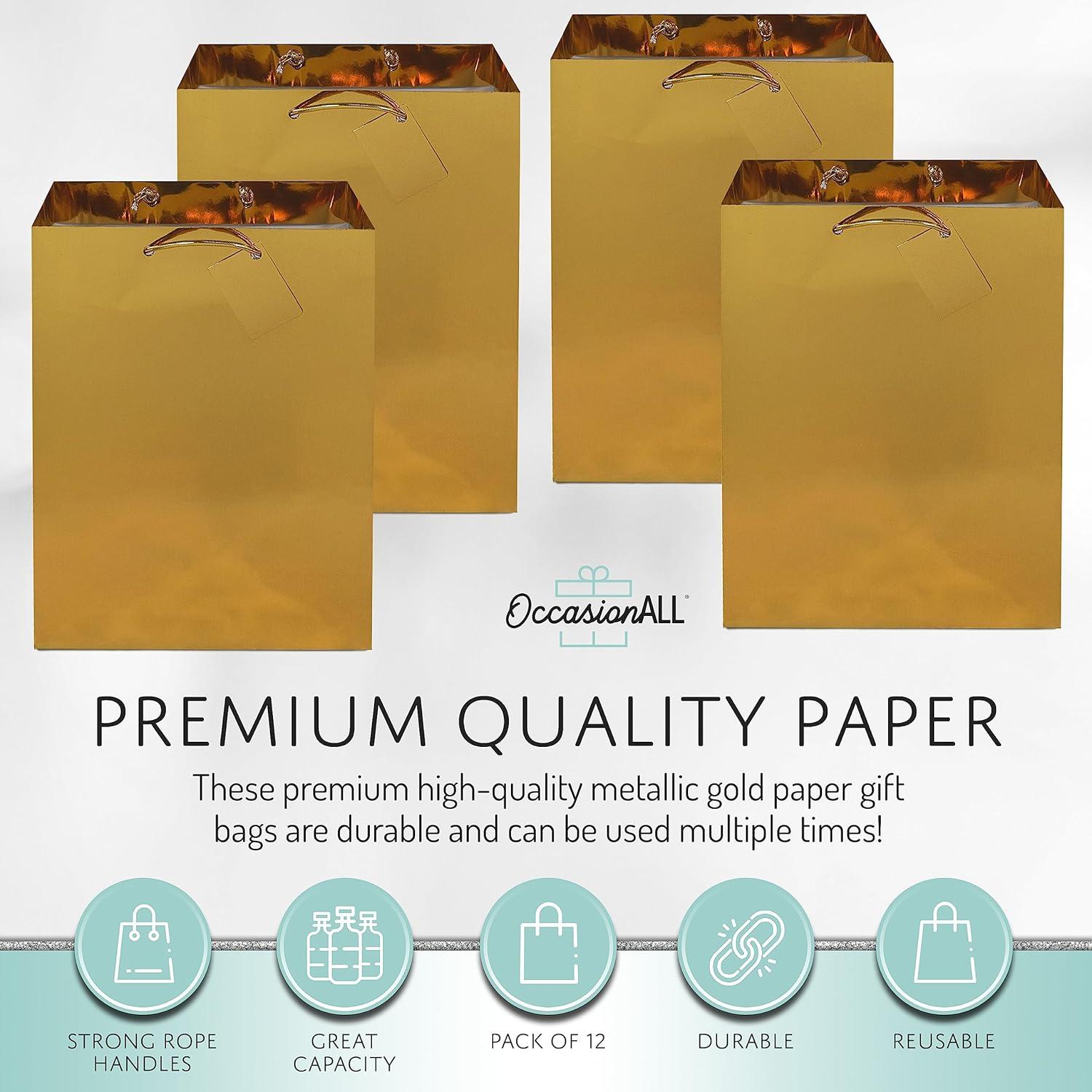 10x13x5" 12uds. Grandes Bolsas de Regalo de Papel Dorado Metalizado con Asas Metálicas, Bolsas de Regalo para Fiestas de Cumpleaños, Regalos de Bodas C8
