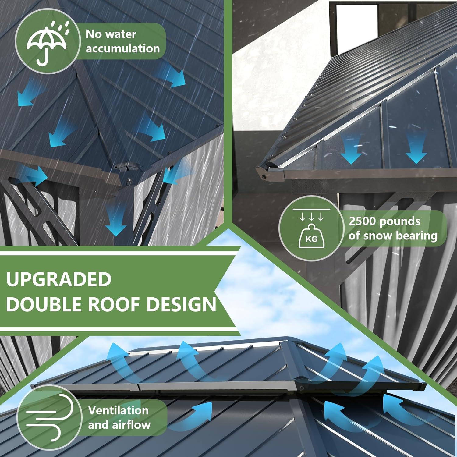 Aoxun 12x20 Hardtop Gazebo, Outdoor Galvanized Steel Double Roof Canopy with Netting and Curtains for Garden, Patio, Lawns, Gray
