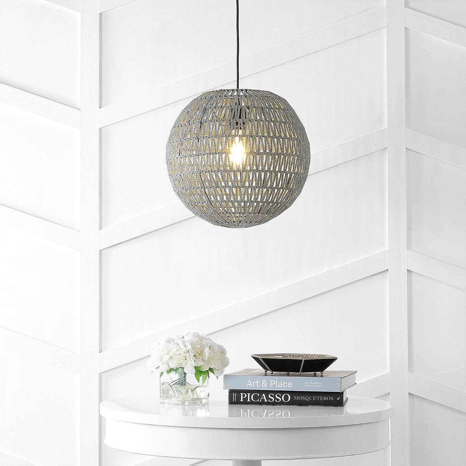 Luna 15.75" 1-Light Bohemian Modern Woven Rattan/Iron LED Pendant, Grey/Black