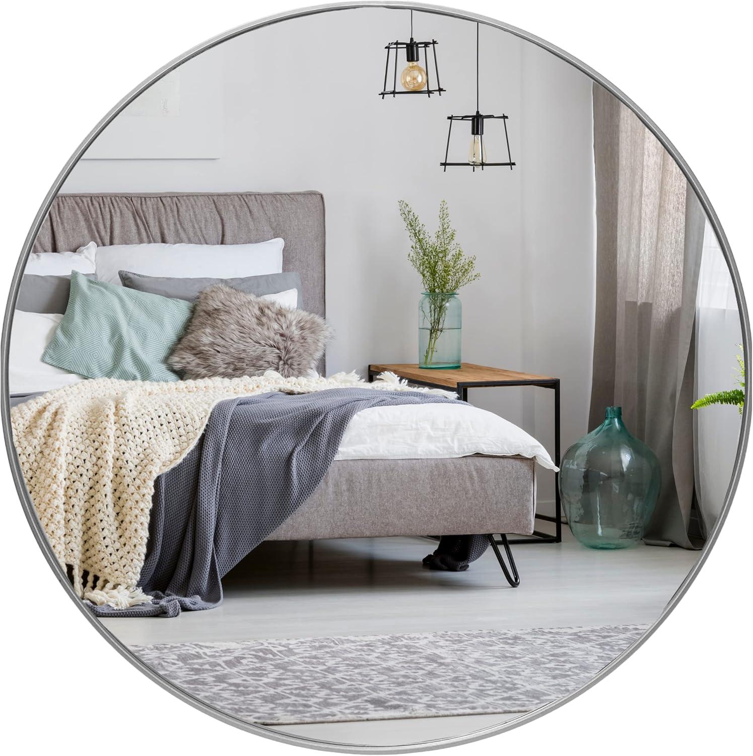 Modern Silver 24" Round Wall Mirror with Metal Frame