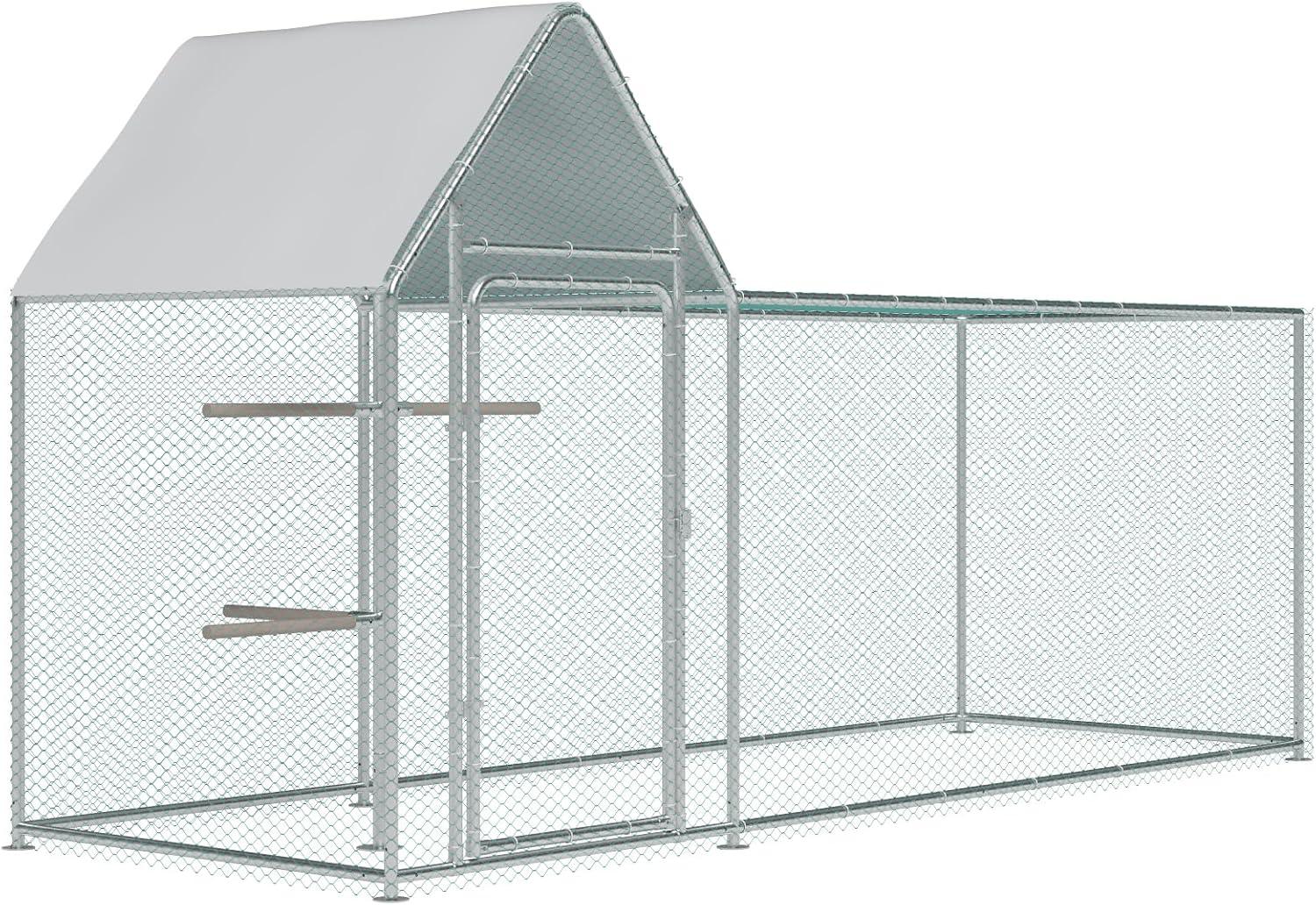 Large Metal Chicken Coop Run, Outdoor Walk-in Poultry Cage with Spire Roof, for Hen House, Duck Coop and Rabbit Run, Silver (9.8' L x 3.28' W x 4.92' H)