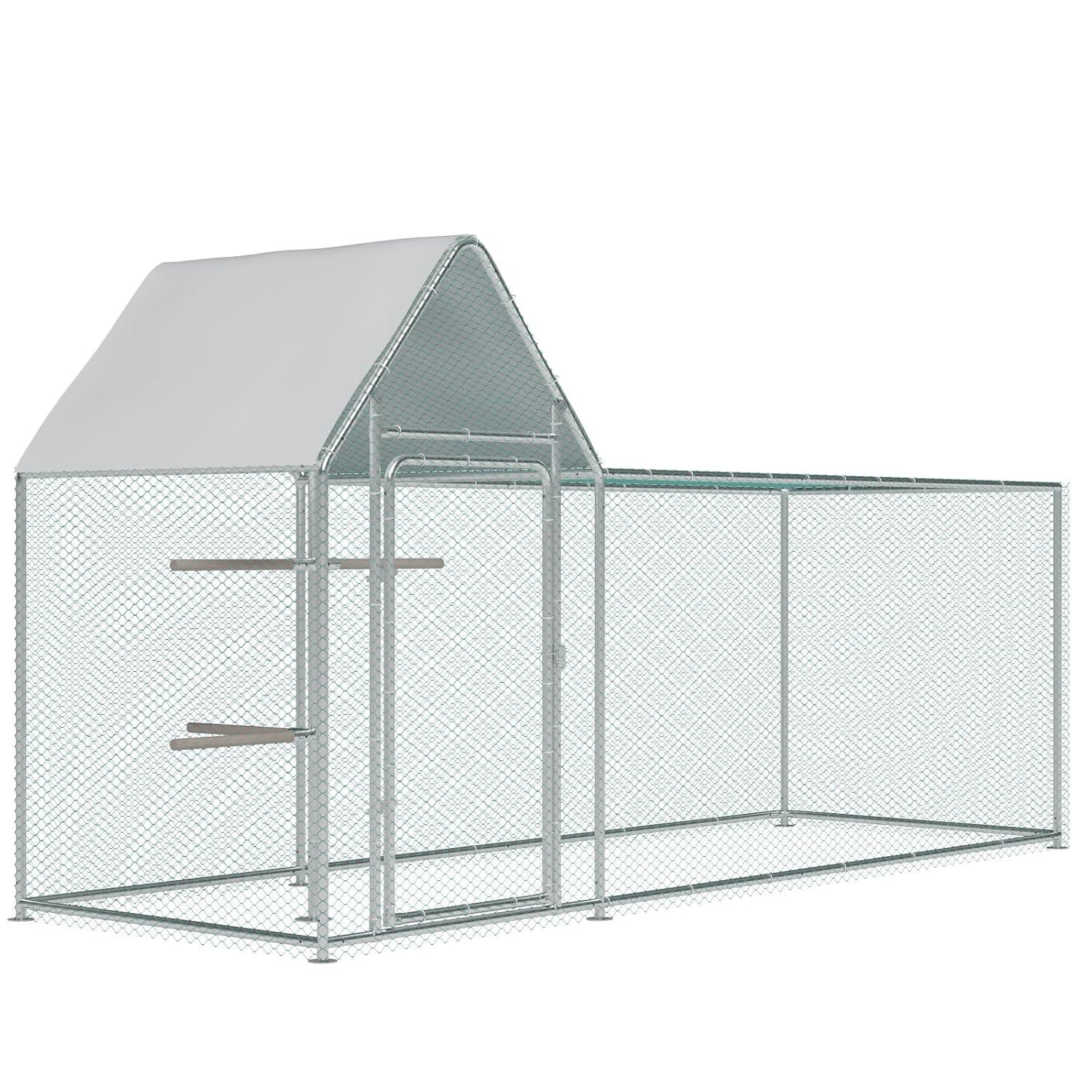 Large Metal Chicken Coop Run, Outdoor Walk-in Poultry Cage with Spire Roof, for Hen House, Duck Coop and Rabbit Run, Silver (9.8' L x 3.28' W x 4.92' H)