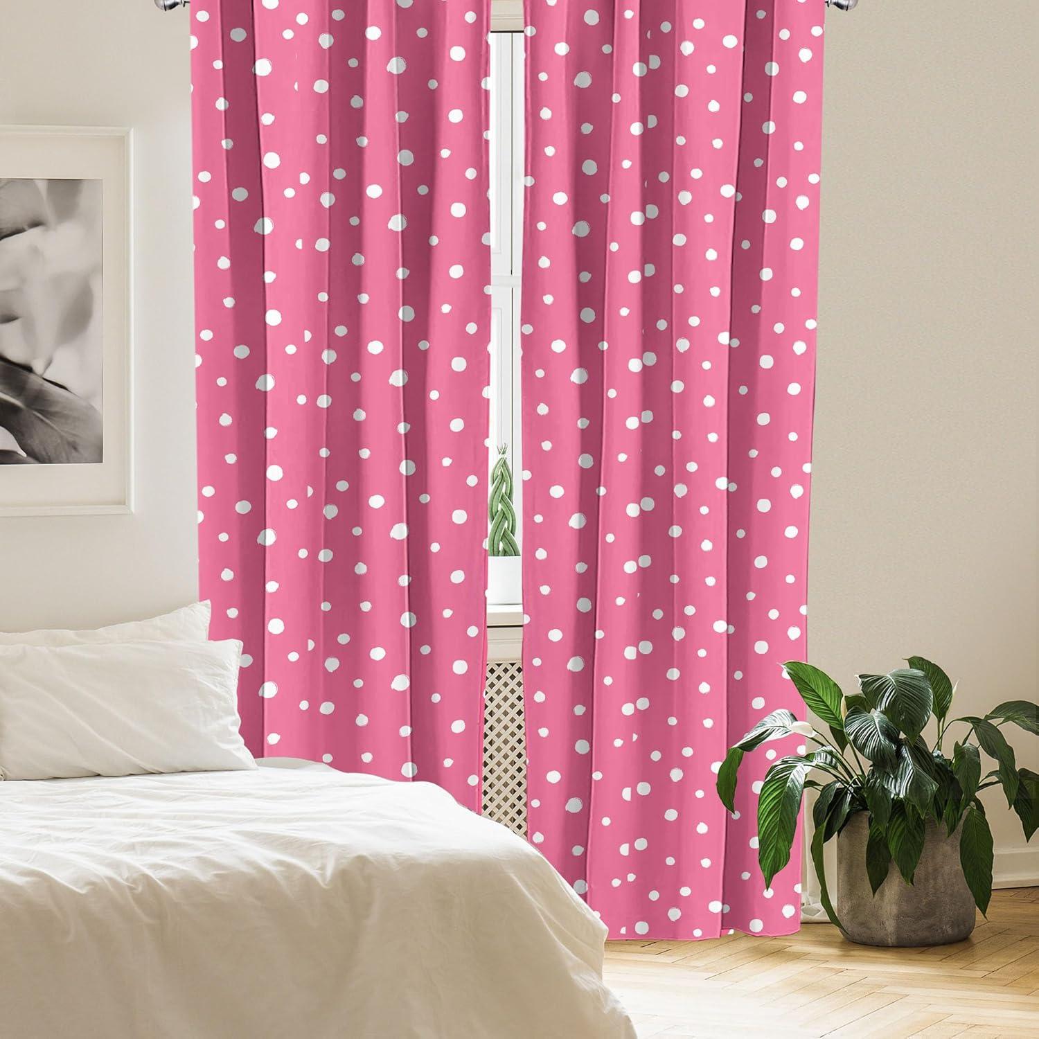 Ambesonne Pink Polka Dots Curtains, Grunge Drawn Rounds, Pair of 28"x63", Pink and White