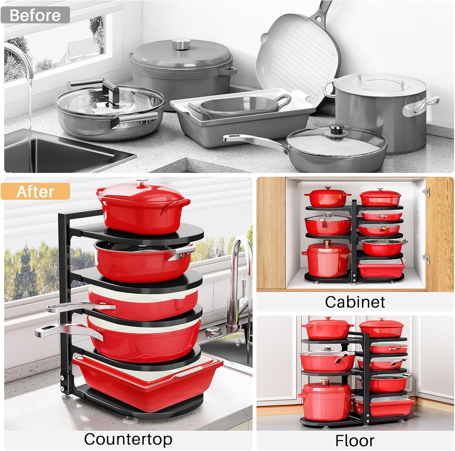 Pot and Pan Organizer for Cabinet, 8 Tier 21” Adjustable Cabinet Pan Organizer Rack Heavy Duty Pot Rack for Kitchen Storage, Snap-on Pot Pan Organizer with Panels for Stockpot and Steamer (Round)