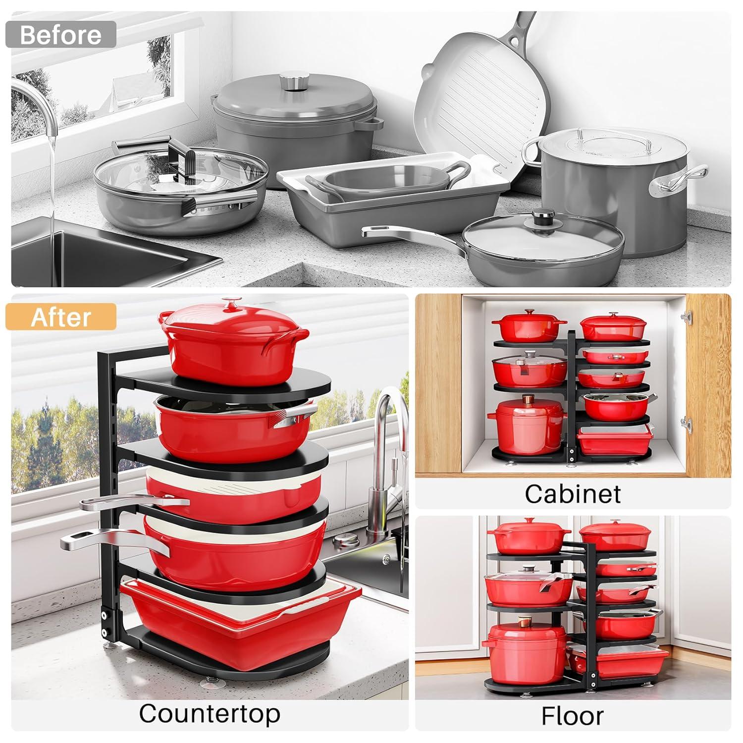 Pot and Pan Organizer for Cabinet, 8 Tier 21” Adjustable Cabinet Pan Organizer Rack Heavy Duty Pot Rack for Kitchen Storage, Snap-on Pot Pan Organizer with Panels for Stockpot and Steamer (Round)