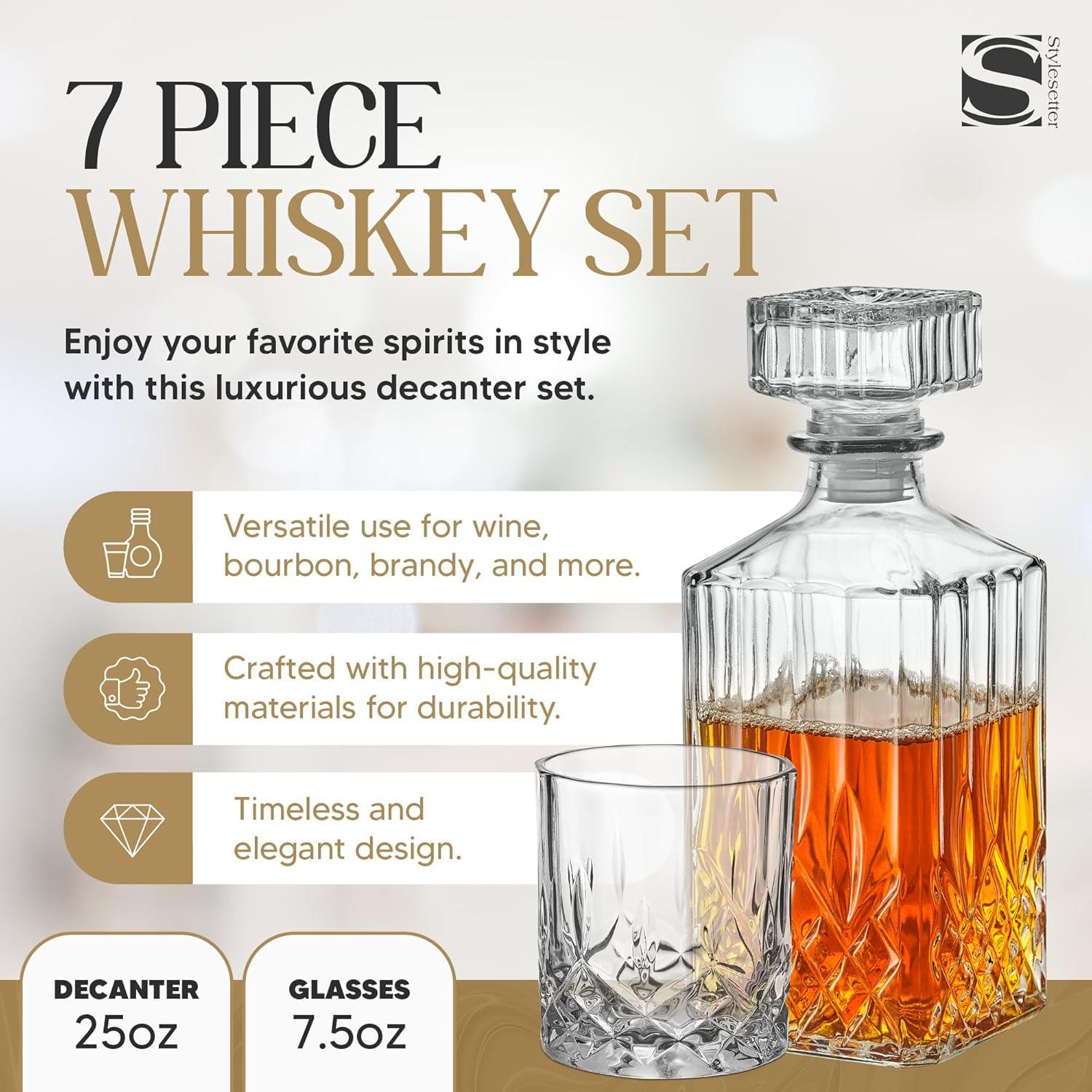 Style Setter, Clear, Loretto Glass Whiskey Decanter Set with 6 Whiskey Glasses, Set of 7