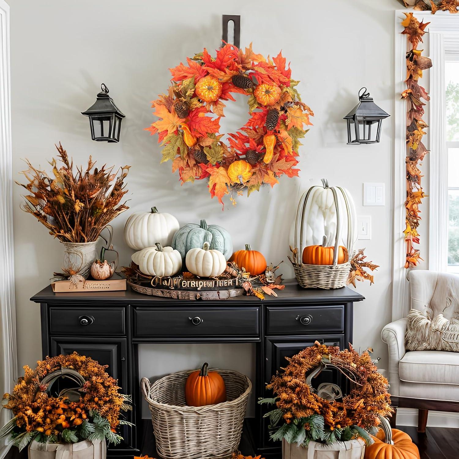 Fall Wreath 20’’ Autumn Front Door Wreath Harvest Wreath with Sunflower Pumpkins Berries Maple Leaves Daisies for Outside Indoor Home Wall Festival Thanksgiving Autumn Farmhouse Decor