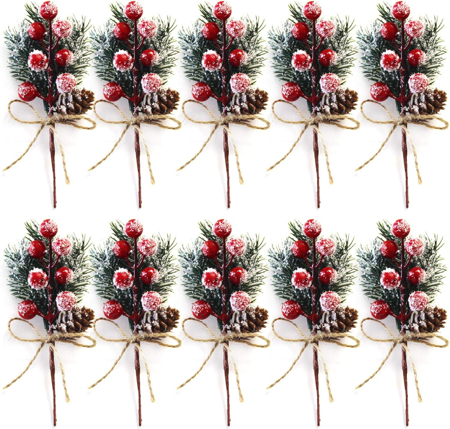 Clearance Under 5$ Pine Needle Decoration, Dienrx 10 Pieces Christmas Red Berry Stems with Branches Red Holly Berries and for Winter Holiday Decorations Perfect for Christmas Trees Wreaths