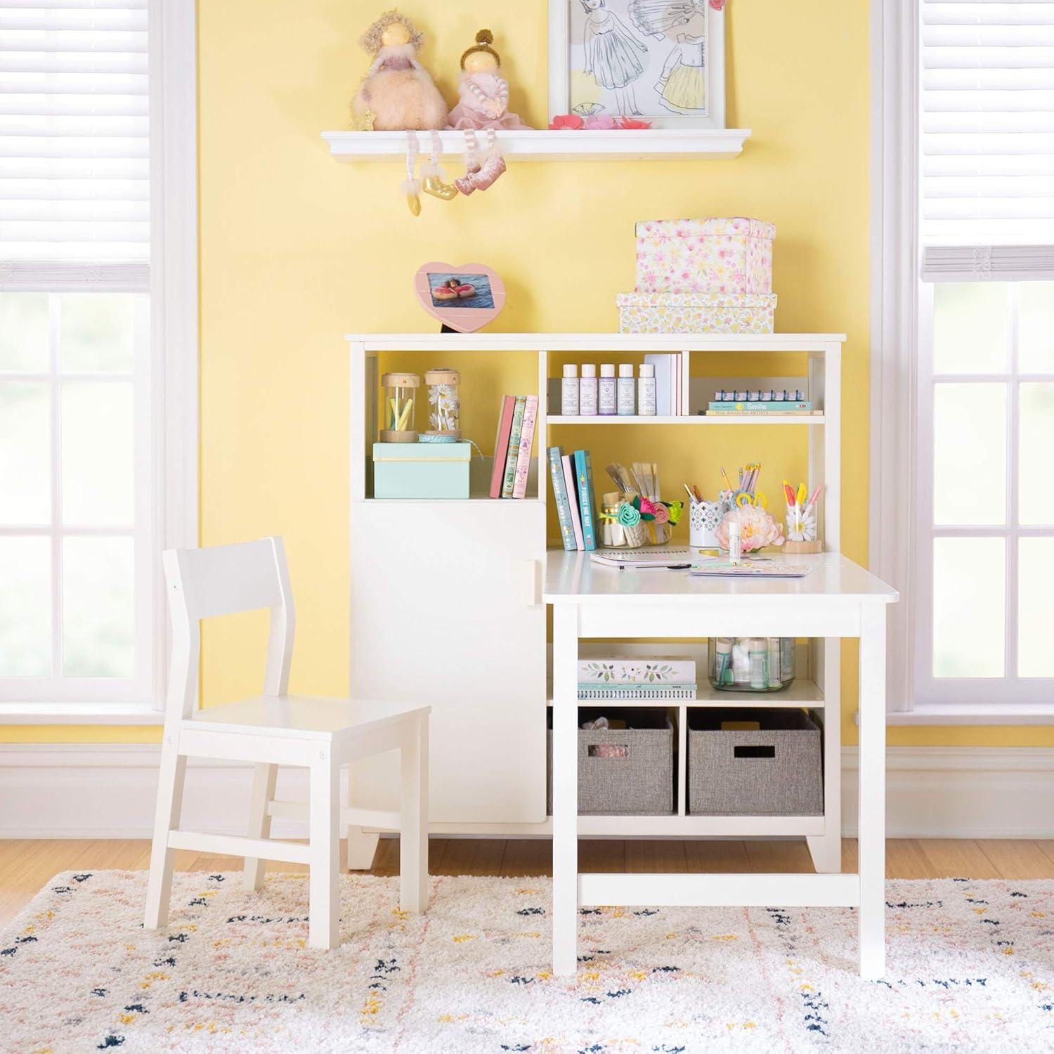 Creamy White Wooden Kids' Desk and Chair Set with Storage